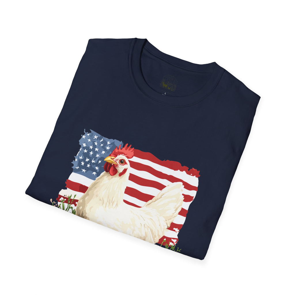 Patriotic Chicken T-Shirt – American Flag Hen Shirt, Farm Life Tee, 4th of July Chicken Shirt, Backyard Chicken Keeper Gift, Homestead Farm Apparel
