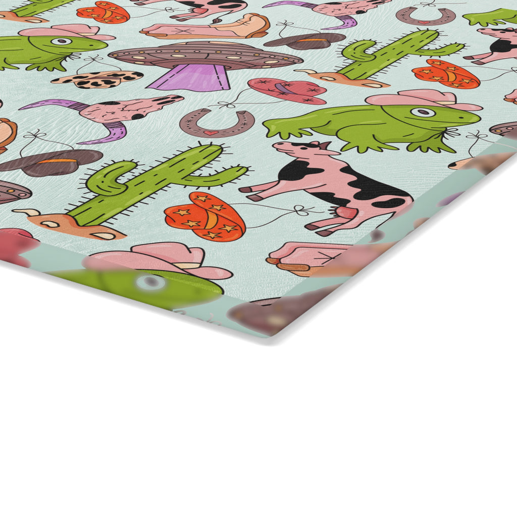 Cowgirl Western Glass Cutting Board | Pink Western Kitchen Decor | Cowboy Boots & Cactus Tempered Glass Cutting Board | Gumpert Homestead