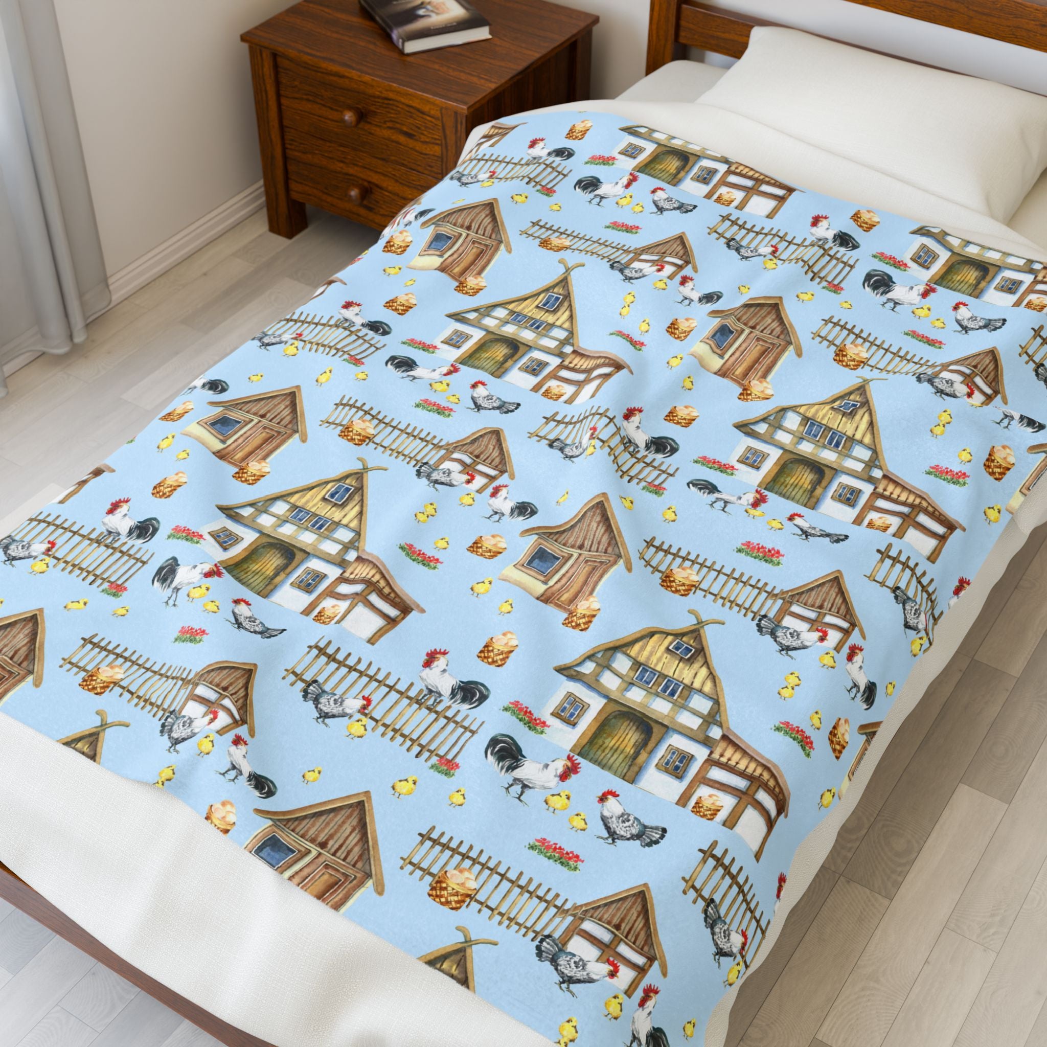 Farm Scene Velveteen Plush Blanket – Cozy Cottagecore Village Throw, Country Homestead Farmhouse Home Decor