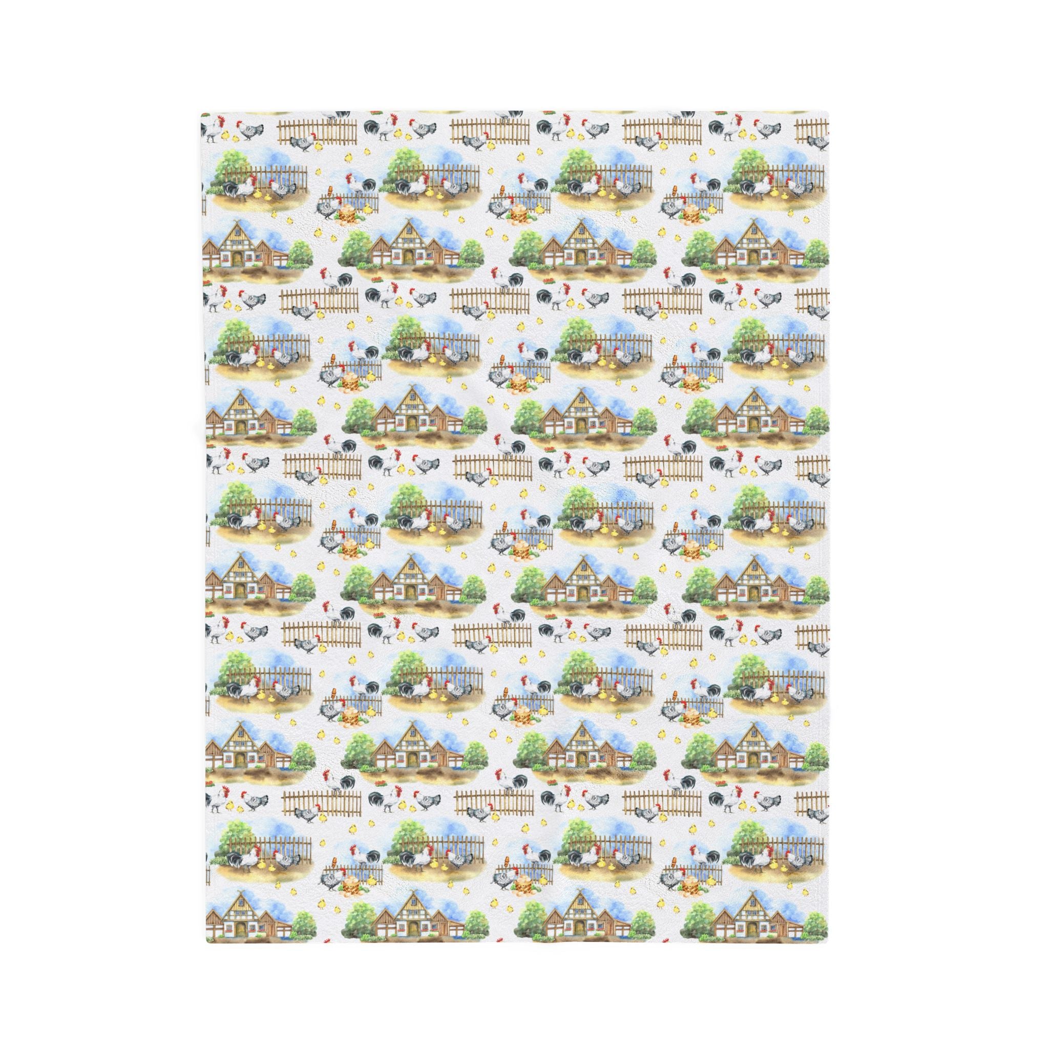 Farm Scene Velveteen Plush Blanket – Cozy Cottagecore Village Throw, Country Homestead Farmhouse Home Decor