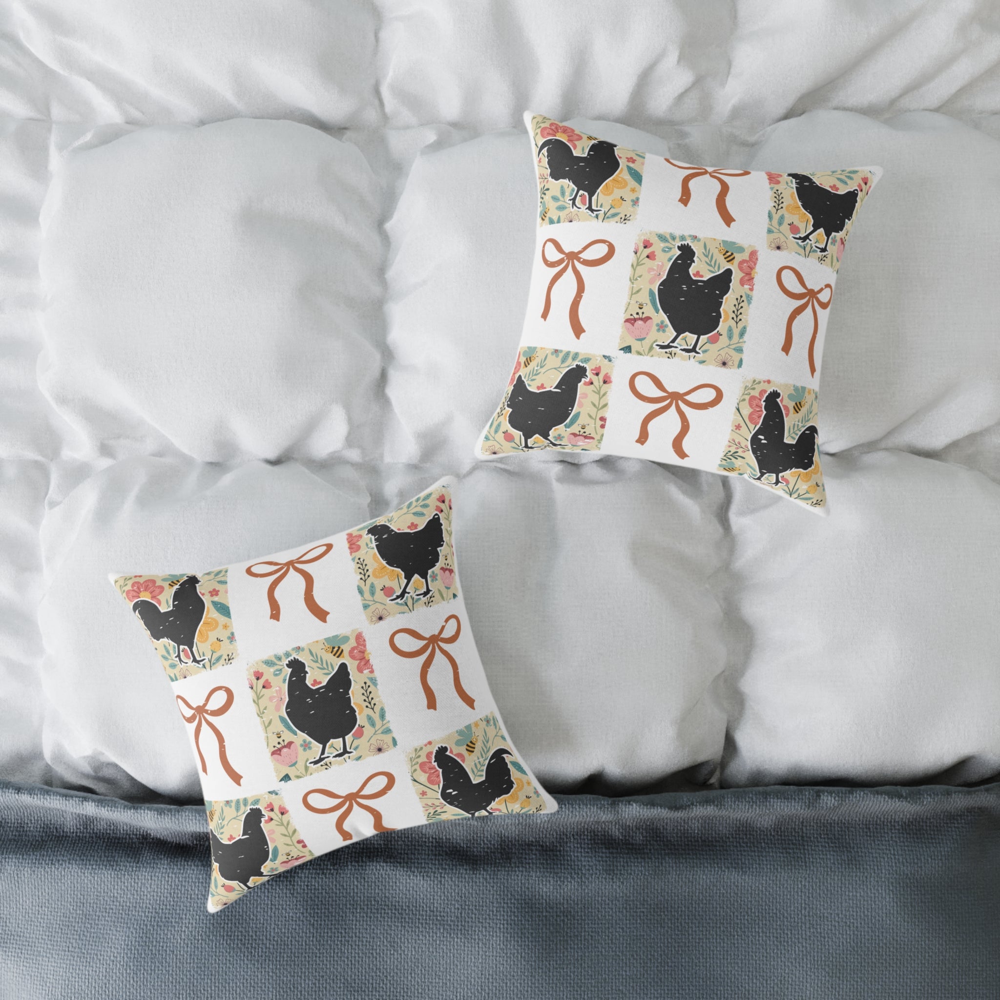 Cottagecore Chicken Patchwork Throw Pillow – Farmhouse Chicken & Bow Decor Cushion, Cozy Country Homestead Accent Pillow