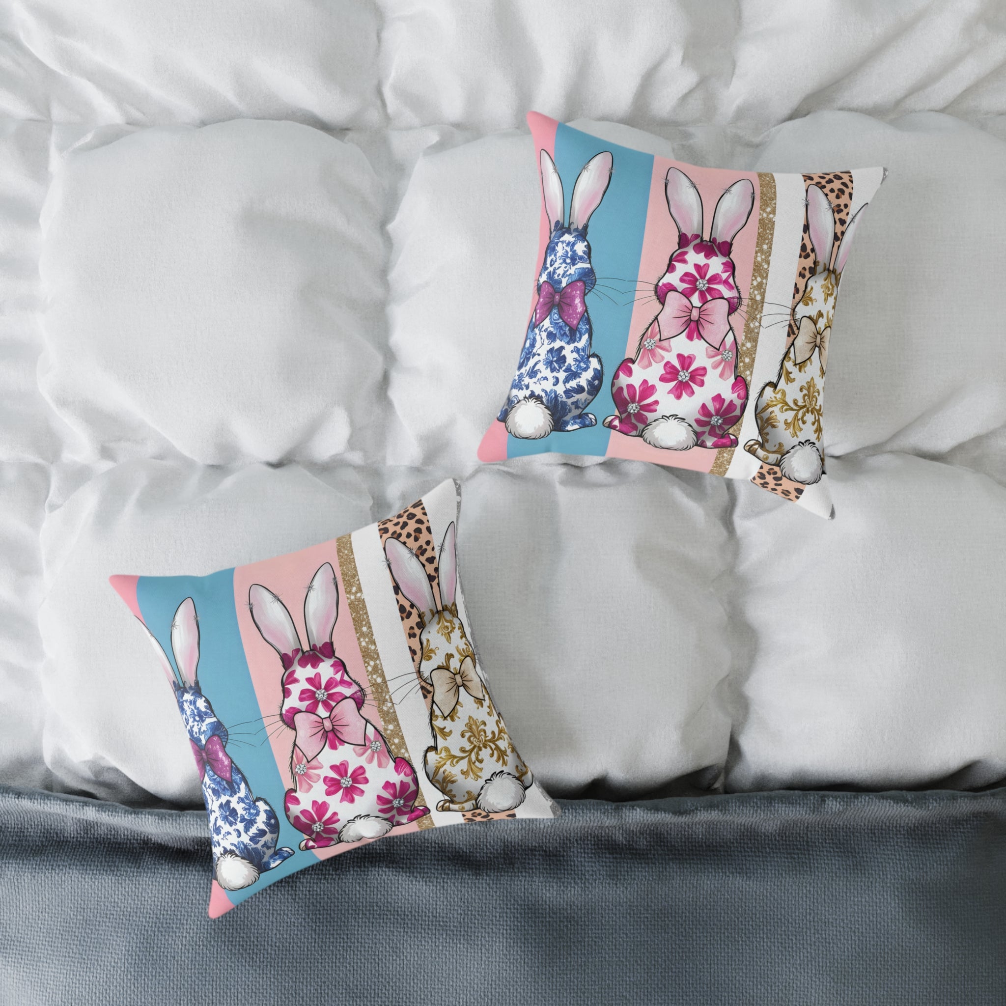 Pink Bunny Trio Throw Pillow | Cottagecore Rabbit Decor Cushion | Farmhouse Easter Bunny Accent Pillow | Cute Spring Home Decor | Gumpert Homestead