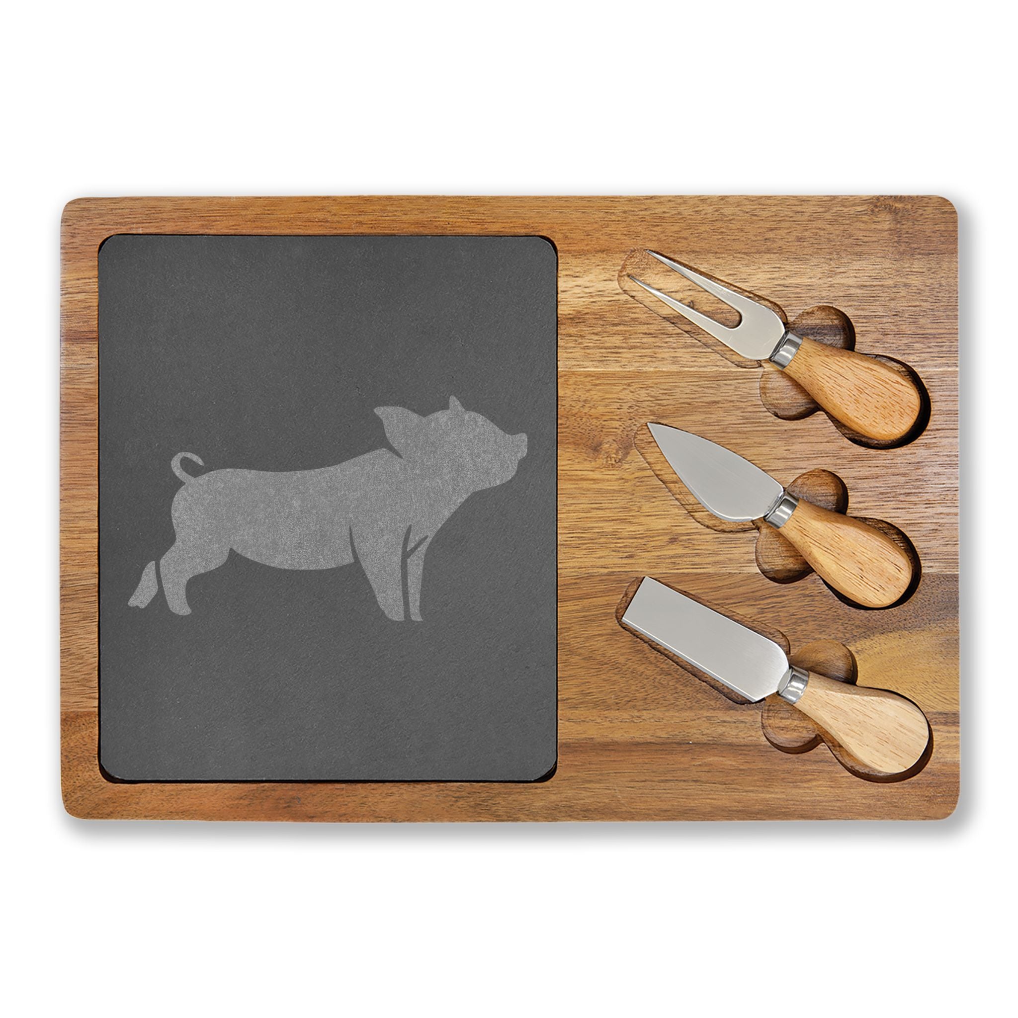 Piglet Engraved Charcuterie Board Set | Farmhouse Slate Cheese Board with Knives | Rustic Farm Kitchen Serving Board | Homestead Pig Lover Gift