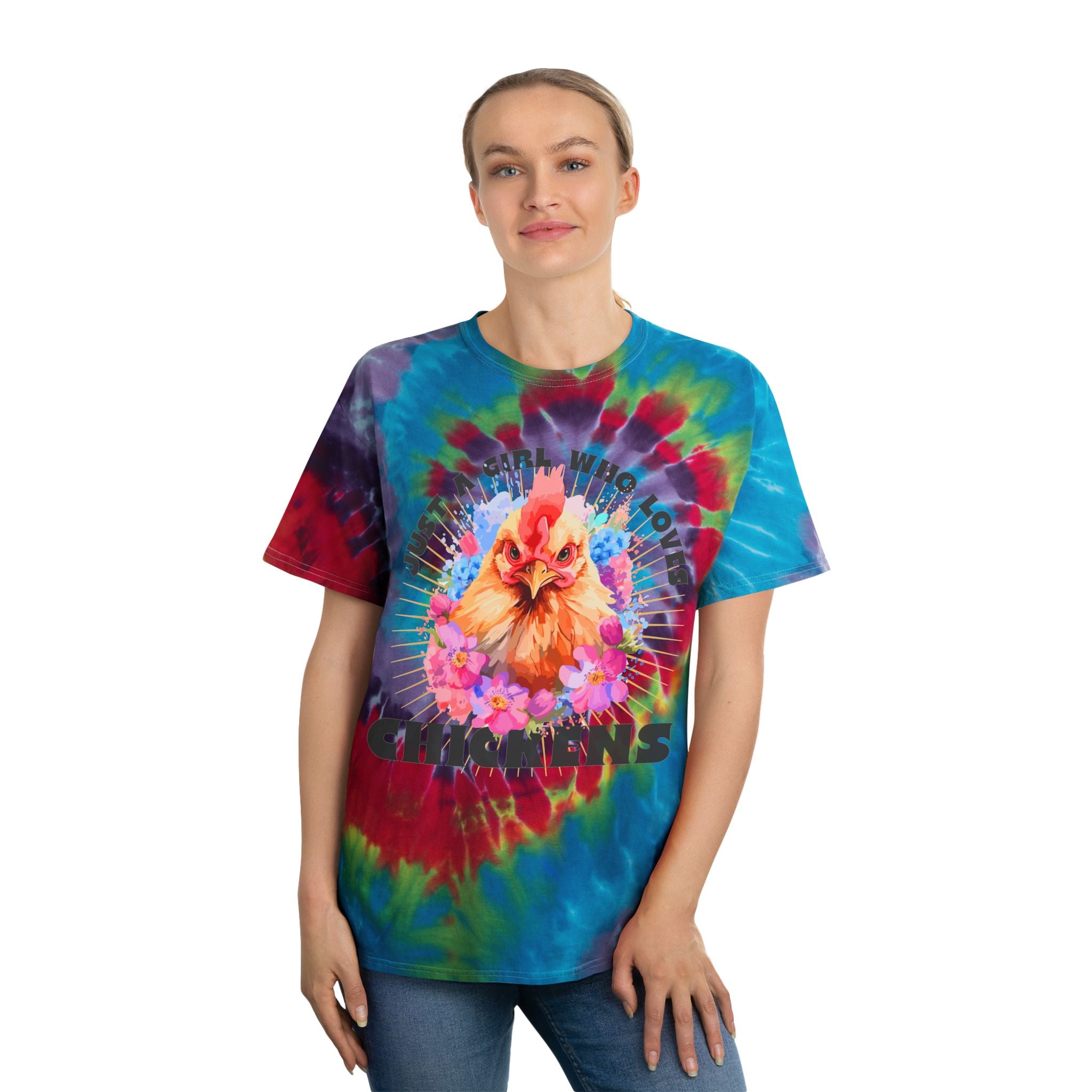 Just a Girl Who Loves Chickens Tie-Dye T-Shirt – Colorful Chicken Lover Tee, Farm Girl Graphic Shirt, Homestead Apparel