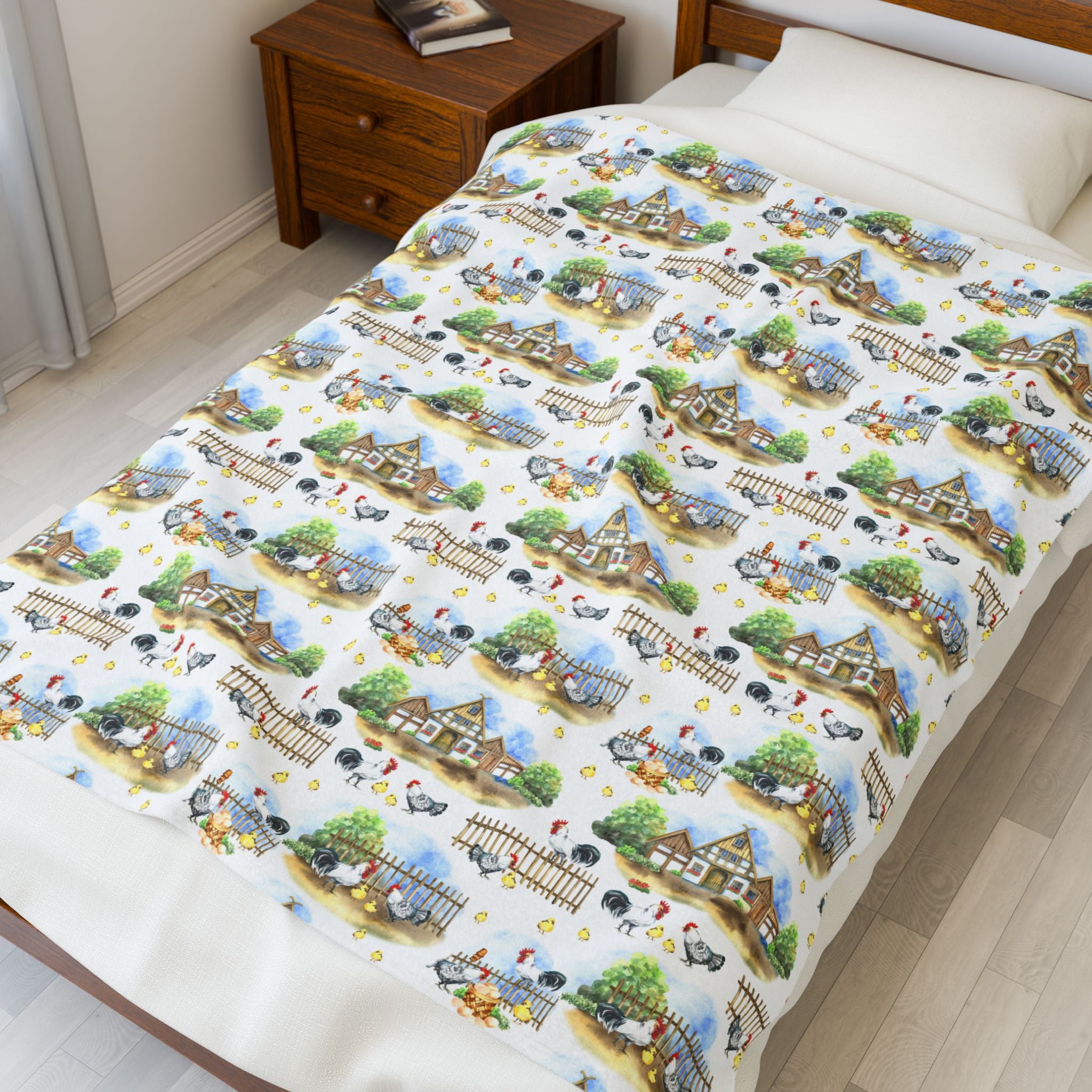 Farm Scene Velveteen Plush Blanket – Cozy Cottagecore Village Throw, Country Homestead Farmhouse Home Decor