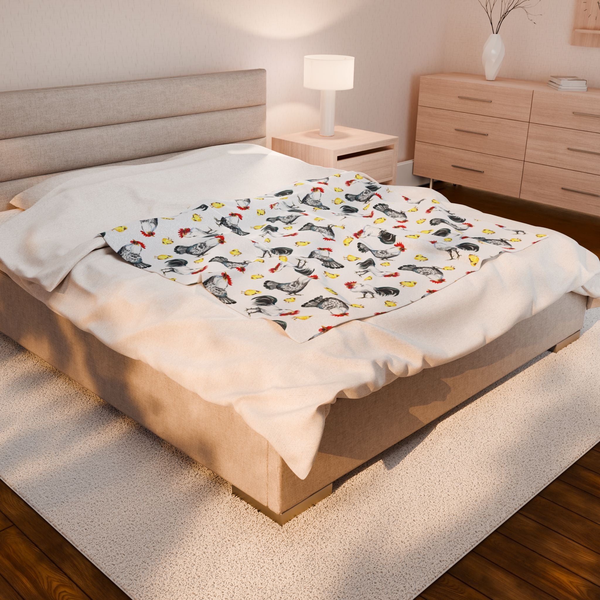 Chicken & Chicks Velveteen Plush Blanket – Farmhouse Rooster Throw, Cozy Country Cottagecore Home Decor