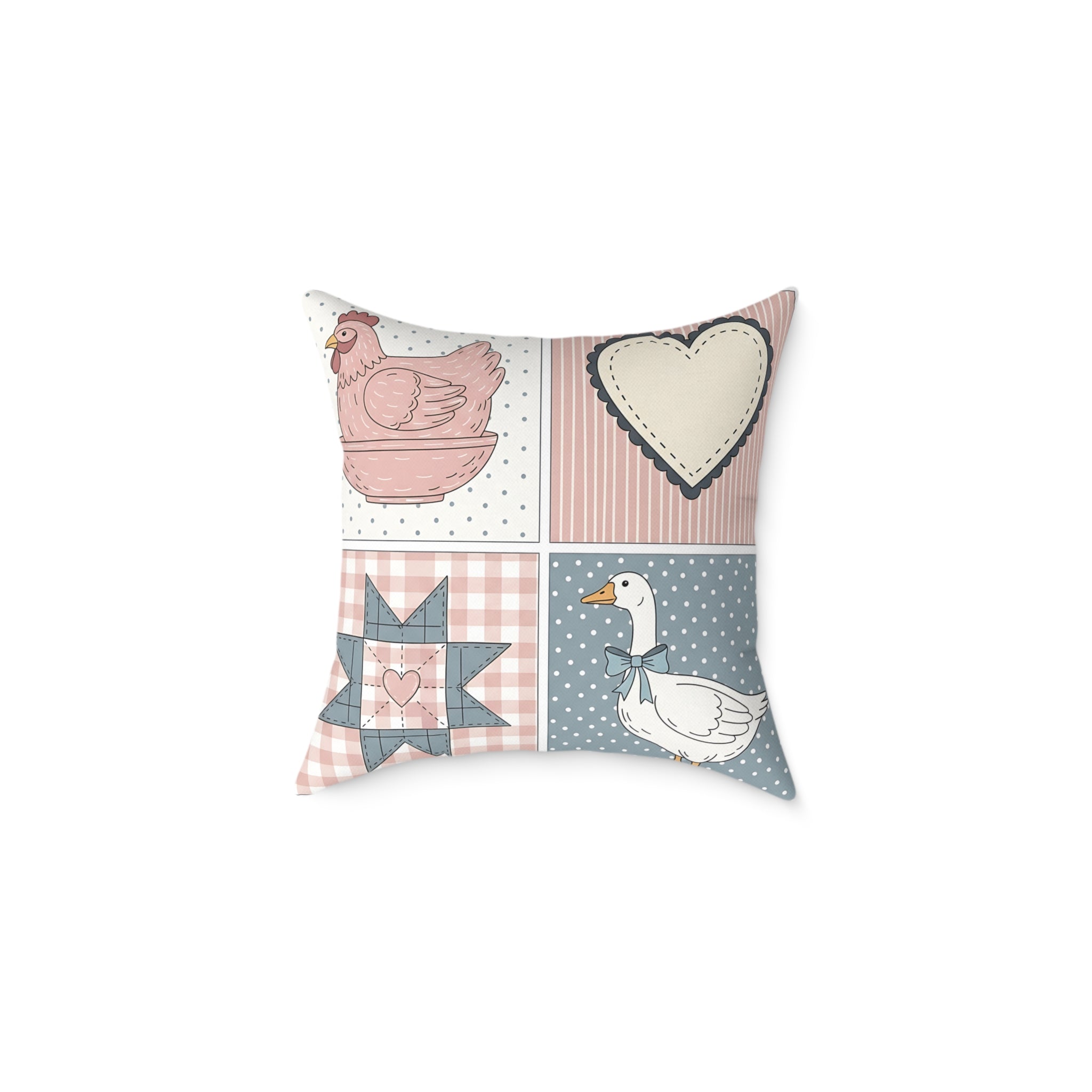 Cottagecore Farm Animal Patchwork Throw Pillow – Chicken & Goose Farmhouse Decor Cushion, Quilted Country Home Accent Pillow