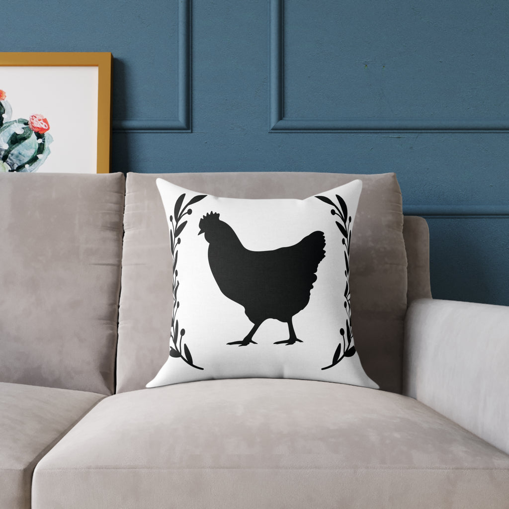 Farmhouse Chicken Silhouette Throw Pillow – Rustic Chicken Decor Cushion, Neutral Country Homestead Accent Pillow