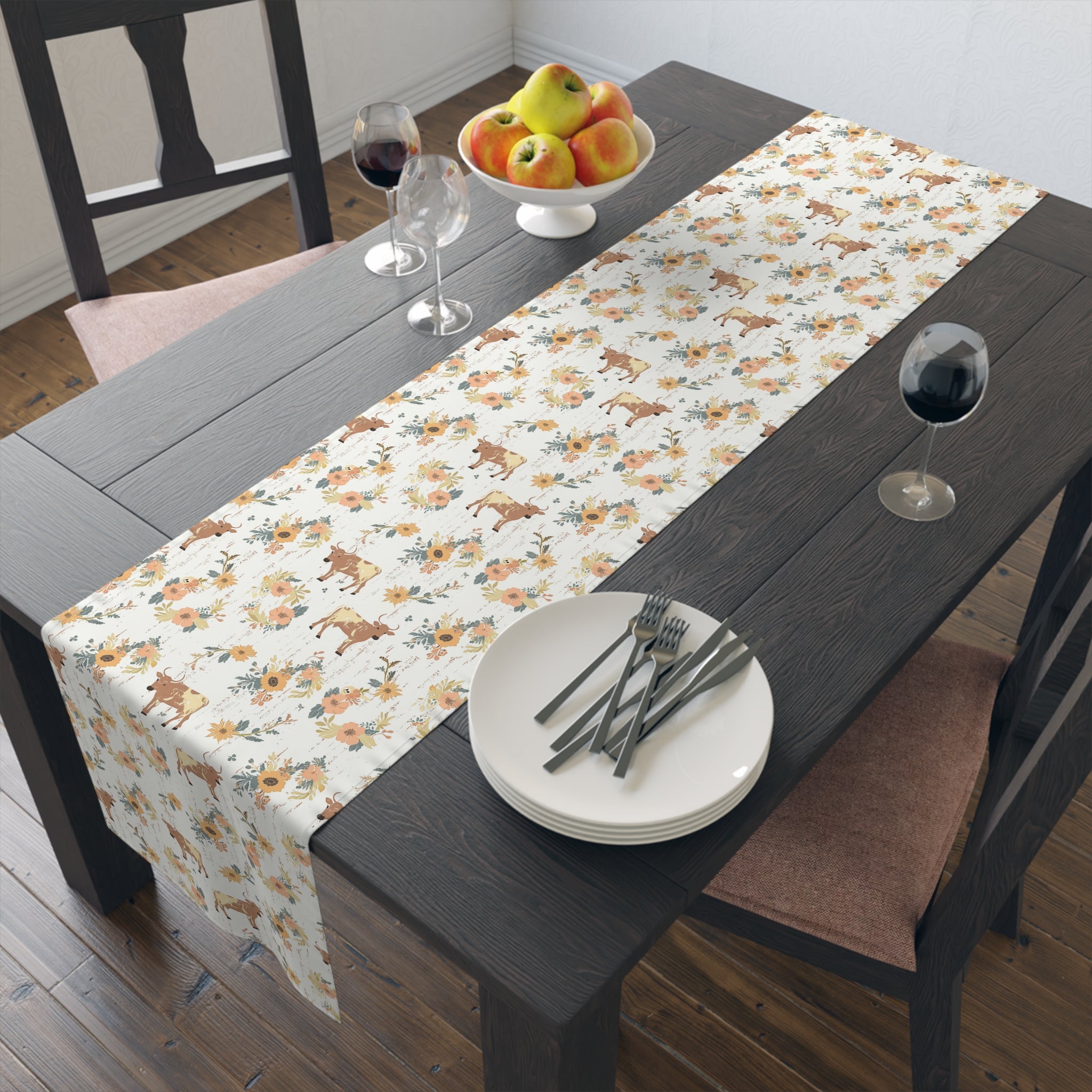 Floral Cow Farmhouse Table Runner | Cottagecore Country Dining Table Decor | Rustic Farm Animal Table Linen | Homestead Kitchen Runner
