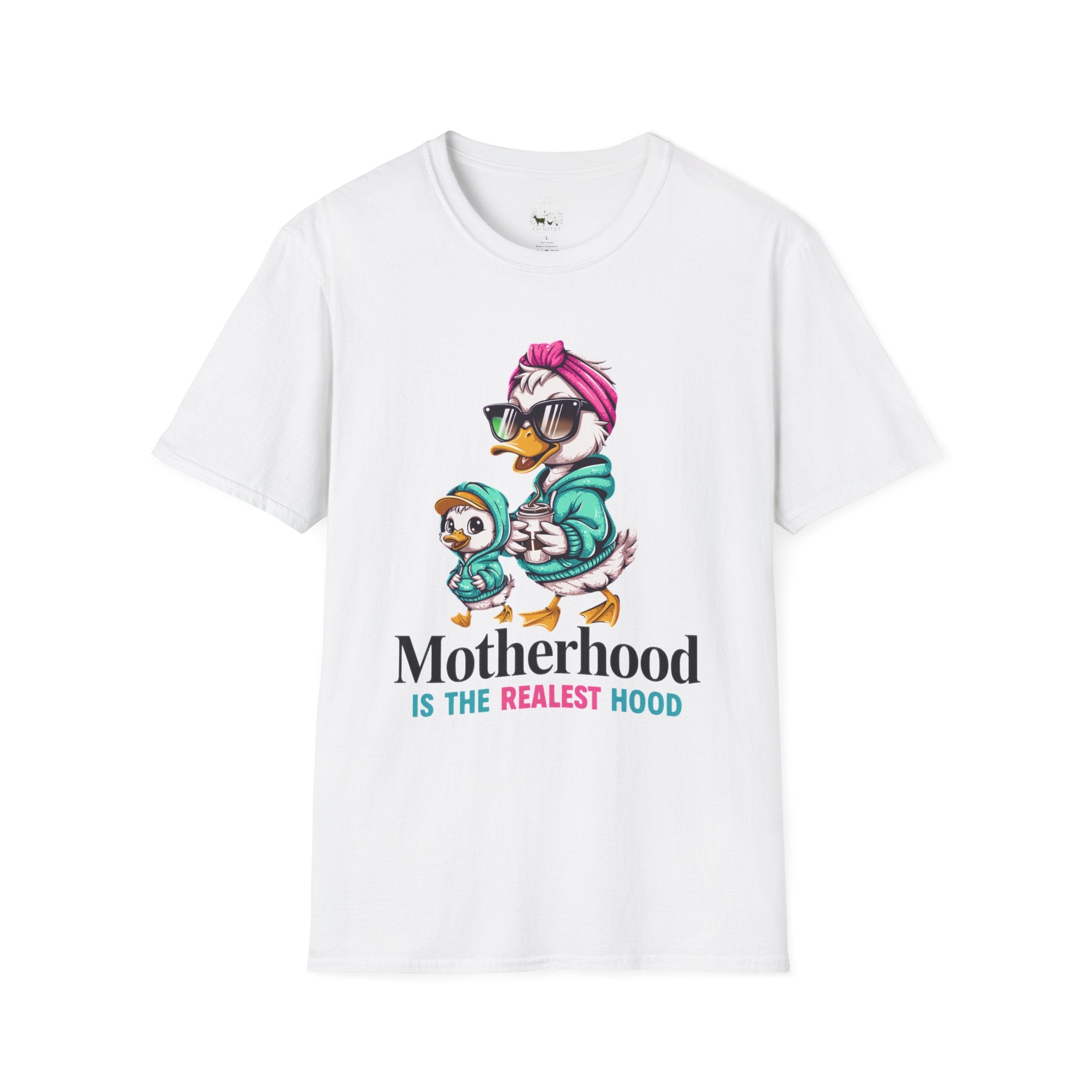 Motherhood Is the Realest Hood Cute Duck Mom Unisex T-Shirt | Funny Farm Mom Graphic Tee