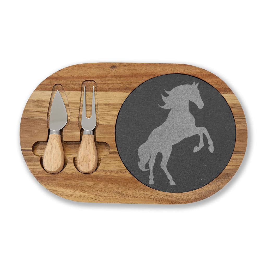 Horse Engraved Charcuterie Board Set | Slate Cheese Board with Knives | Farmhouse Equestrian Serving Board | Rustic Ranch Kitchen Gift