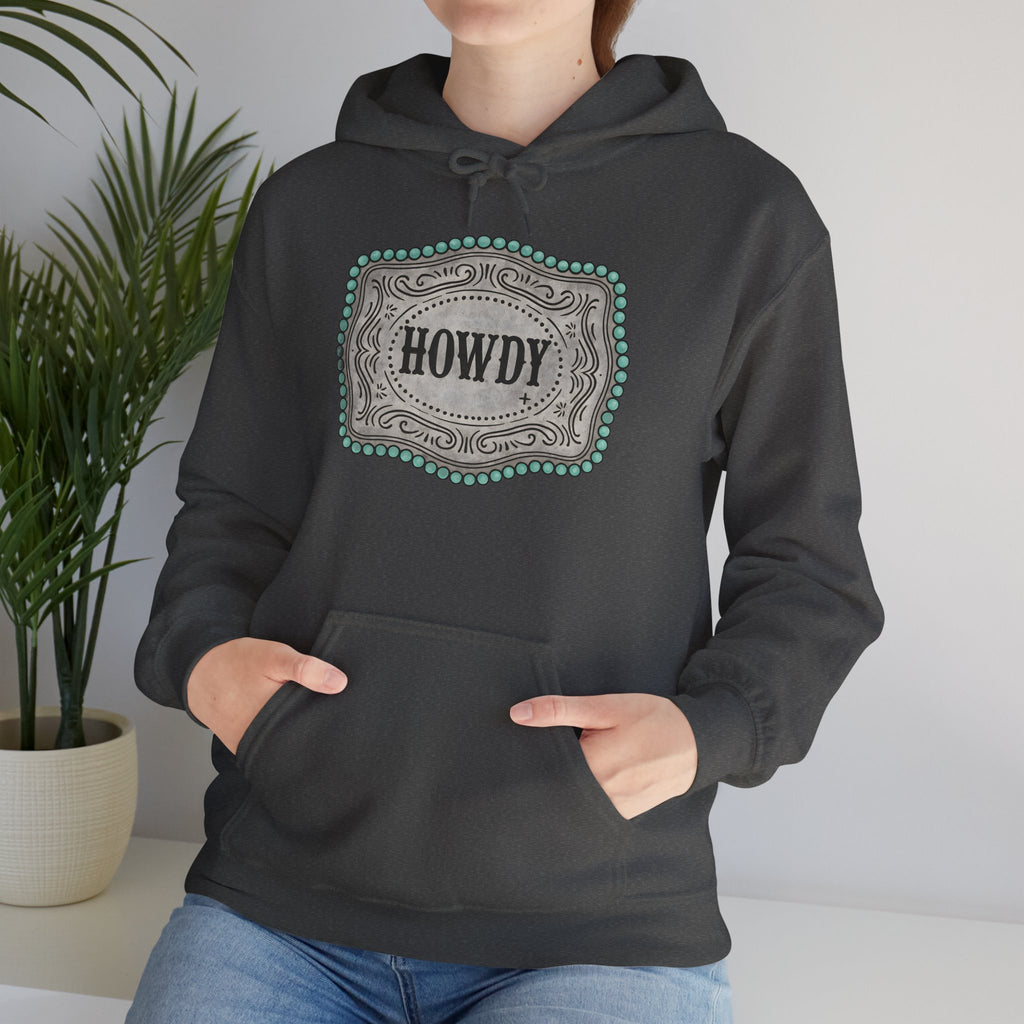 Howdy Turquoise Beaded Rodeo Belt Buckle Hoodie – Unisex Farmhouse Western Sweatshirt | Country Homestead Apparel