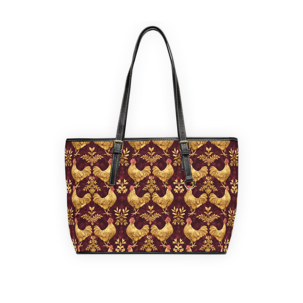 Burgundy & Gold Chicken Print Leather Shoulder Bag – Farmhouse Chicken Tote, Cute Hen Pattern Purse, Farm Life Handbag, Backyard Chicken Lover Bag