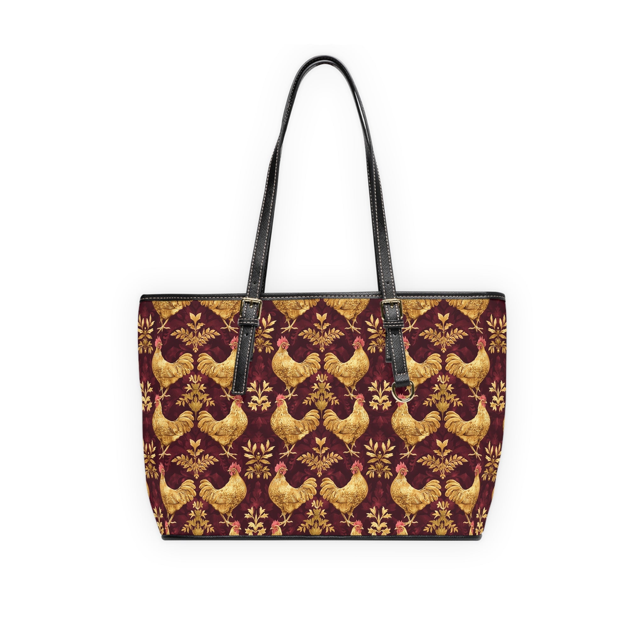 Burgundy & Gold Chicken Print Leather Shoulder Bag – Farmhouse Chicken Tote, Cute Hen Pattern Purse, Farm Life Handbag, Backyard Chicken Lover Bag