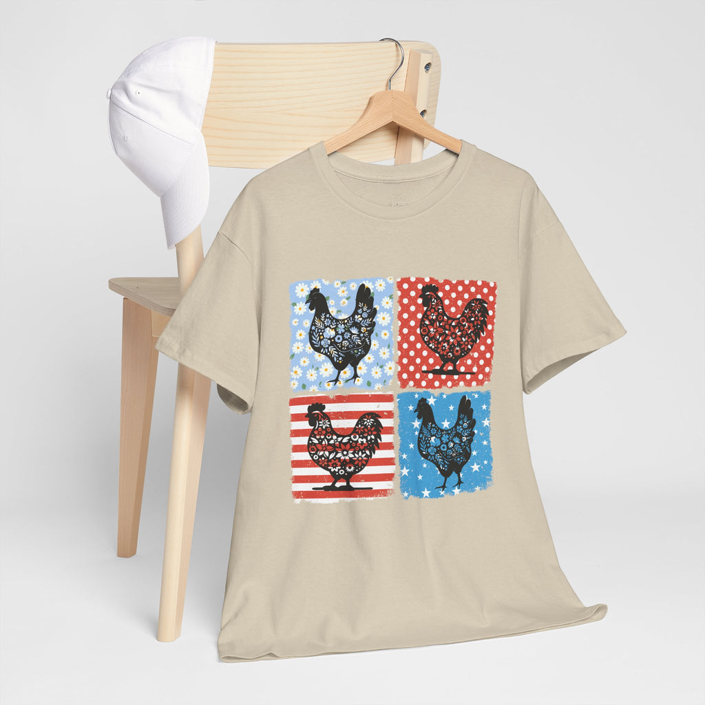 Patchwork Chicken Farm T-Shirt | Farmhouse Hen Graphic Tee | Patriotic Chicken Shirt | Country Homestead Apparel | Backyard Chicken Lover Gift