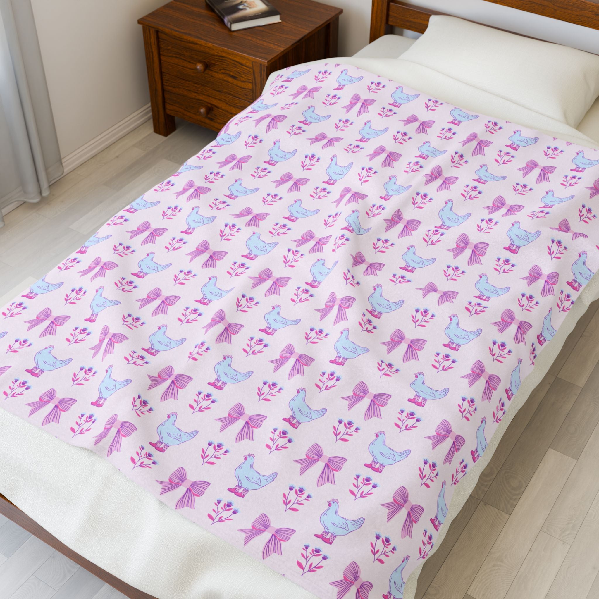 Pink Chicken Velveteen Plush Blanket – Cottagecore Bow Chicken Throw, Shabby Chic Farmhouse Cozy Home Decor