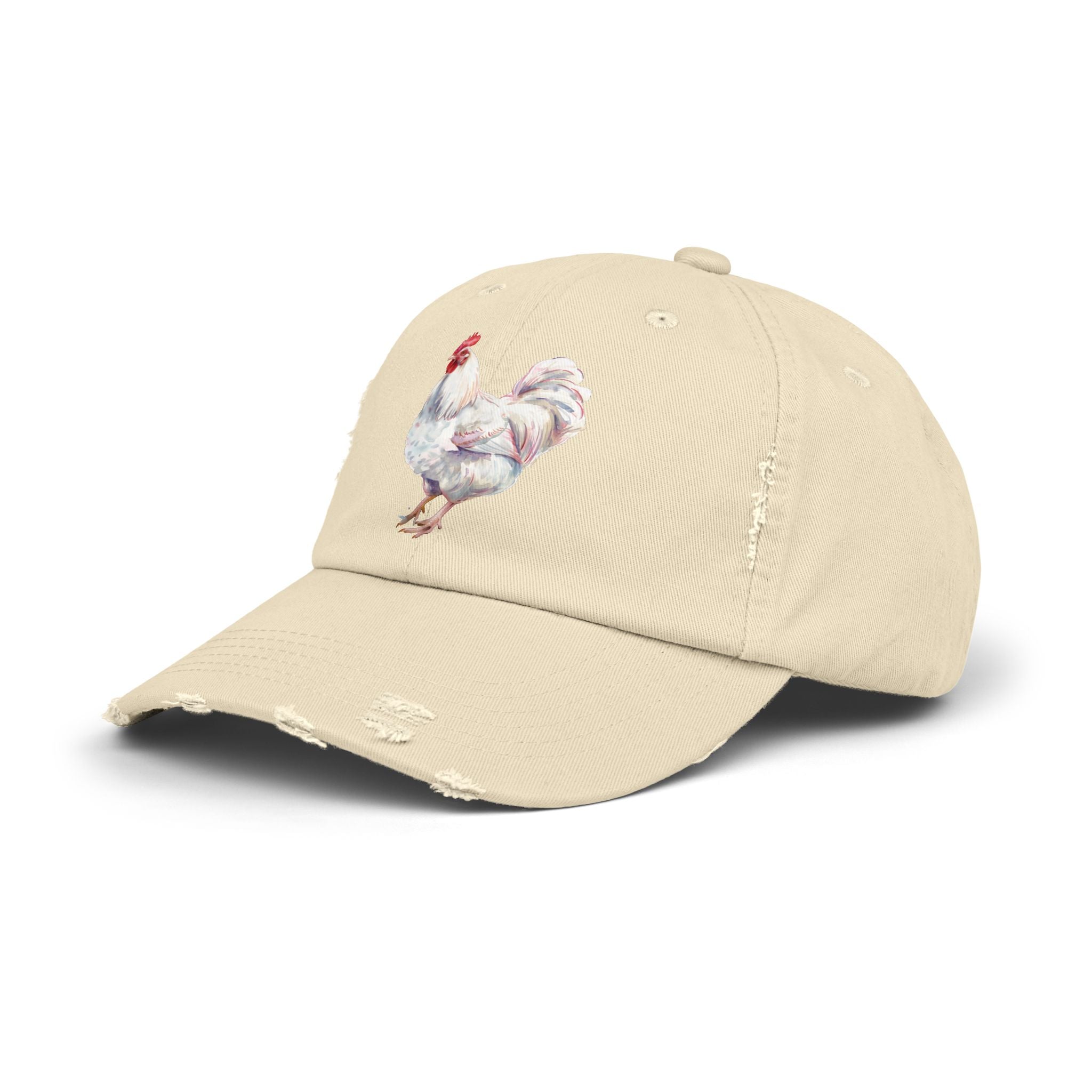 White Rooster Distressed Baseball Cap – Vintage Chicken Hat, Leghorn-Style Rooster, Farmhouse Poultry Cap, Backyard Chicken Keeper Gift