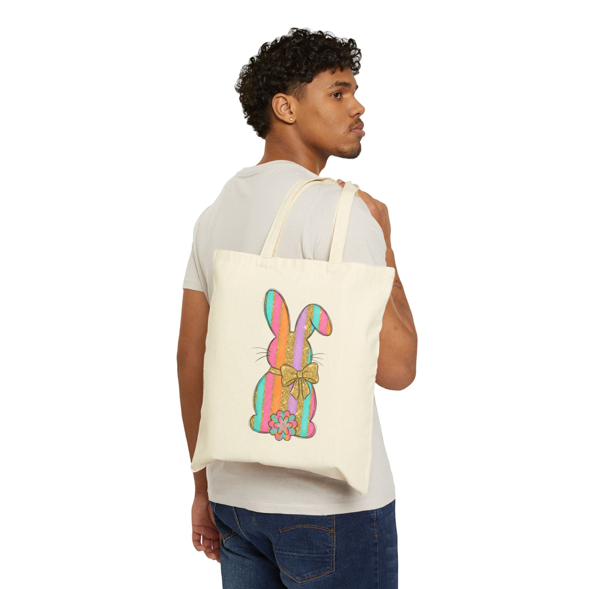 Easter Bunny Tote Bag – Pastel Striped Bunny Canvas Bag, Spring Farm Rabbit Market Tote, Cottagecore Reusable Shopping Bag, Farmhouse Easter Gift Tote