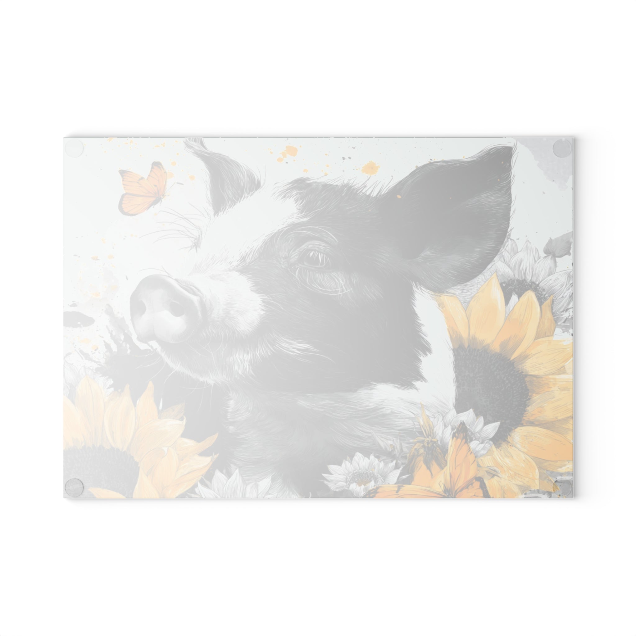 Sunflower Pig Glass Cutting Board – Rustic Farm Pig Kitchen Decor, Floral Farmhouse Cutting Board, Country Homestead Kitchen Gift