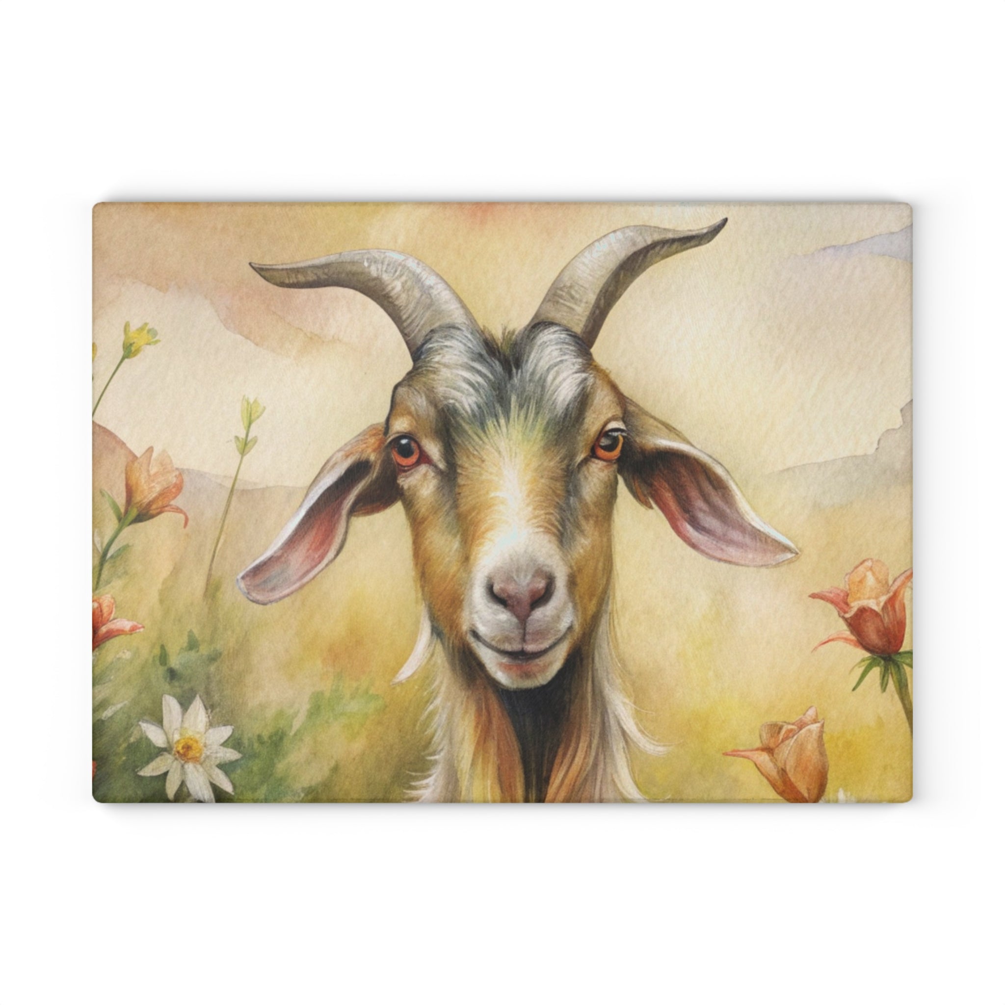 Farmhouse Goat Glass Cutting Board | Rustic Goat Kitchen Decor | Watercolor Farm Animal Tempered Glass Cutting Board | Gumpert Homestead