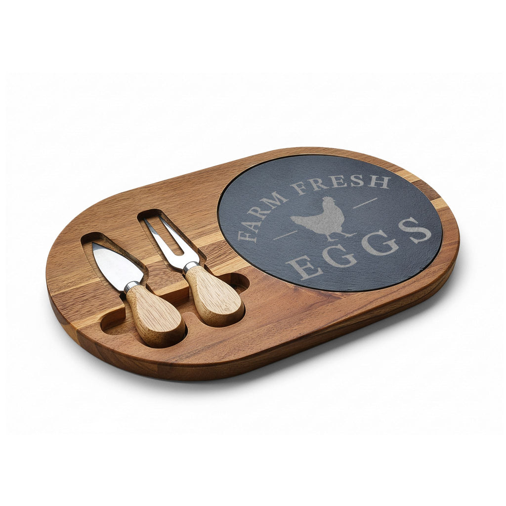Farm Fresh Eggs Chicken Charcuterie Board Set | Farmhouse Slate Cheese Board with Knives | Rustic Country Kitchen Serving Board | Homestead Chicken Decor Gift