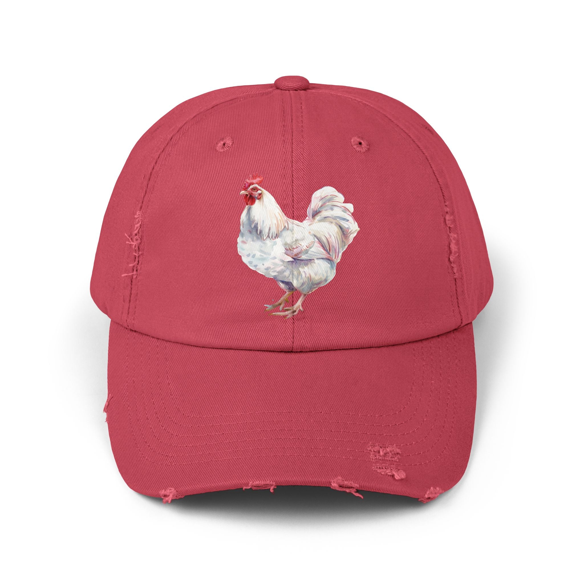 White Rooster Distressed Baseball Cap – Vintage Chicken Hat, Leghorn-Style Rooster, Farmhouse Poultry Cap, Backyard Chicken Keeper Gift