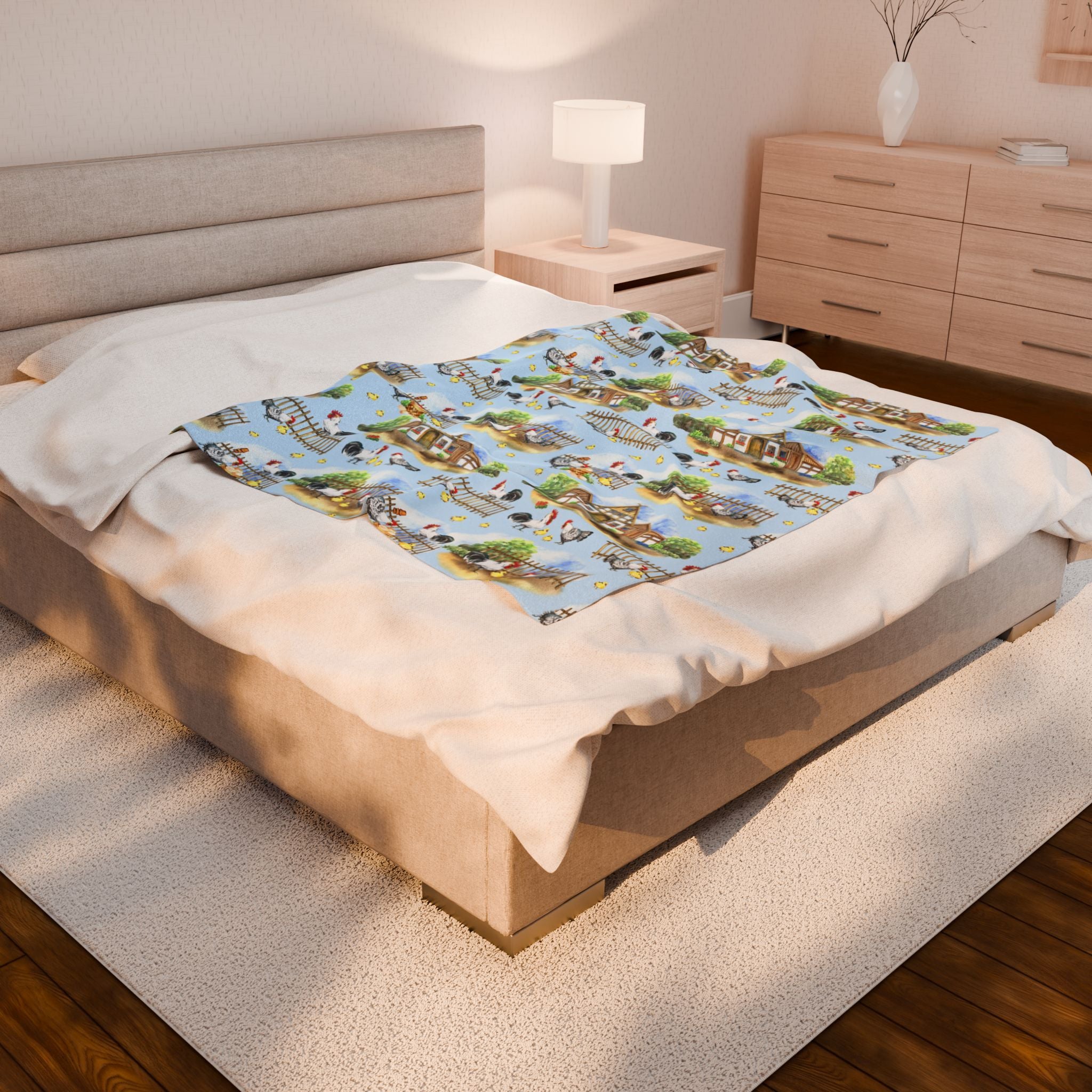 Farm Scene Velveteen Plush Blanket – Cozy Cottagecore Village Throw, Country Homestead Farmhouse Home Decor