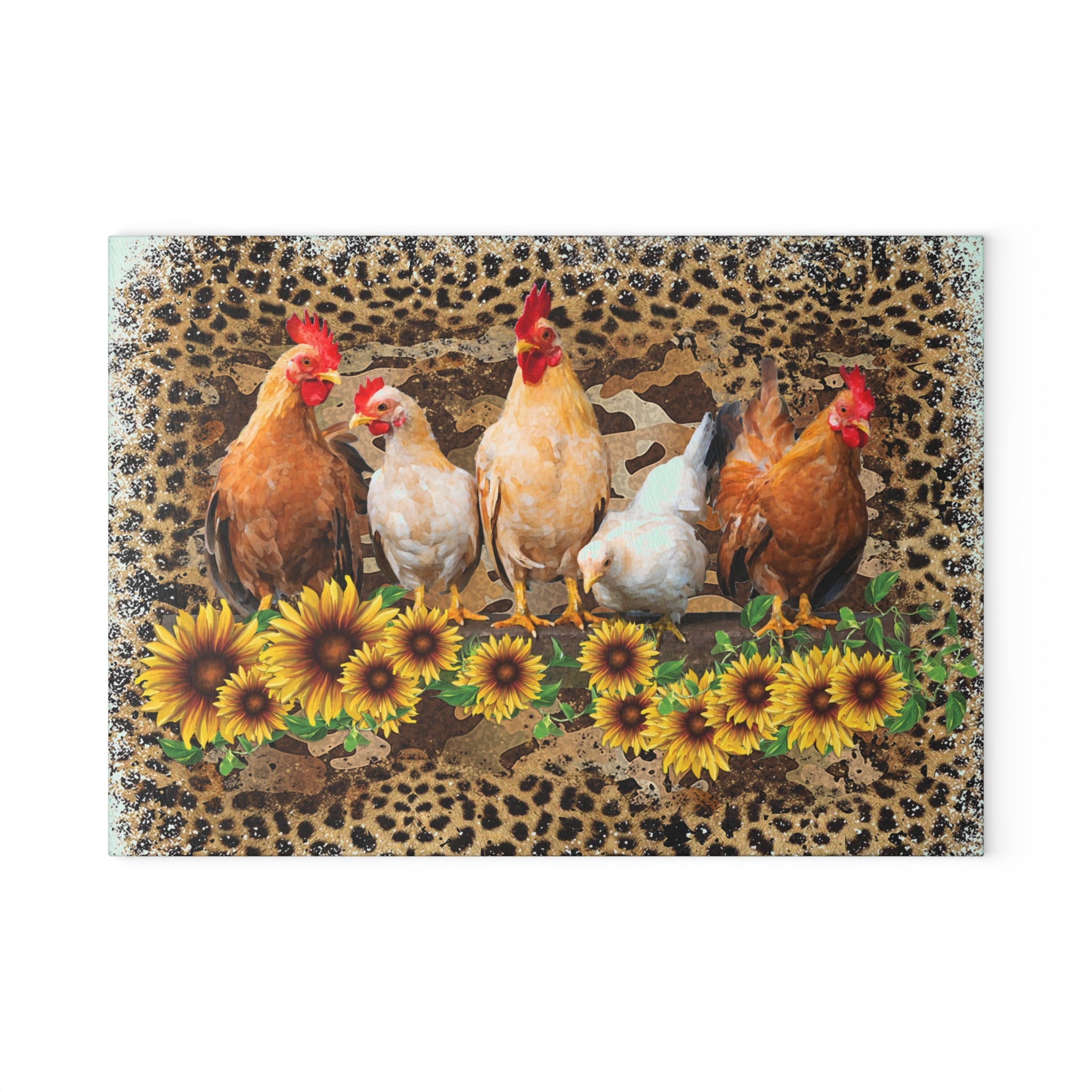 Chicken Flock Glass Cutting Board – Farmhouse Sunflower Chicken Kitchen Decor, Leopard Print Farm Cutting Board, Rustic Country Homestead Kitchen Gift