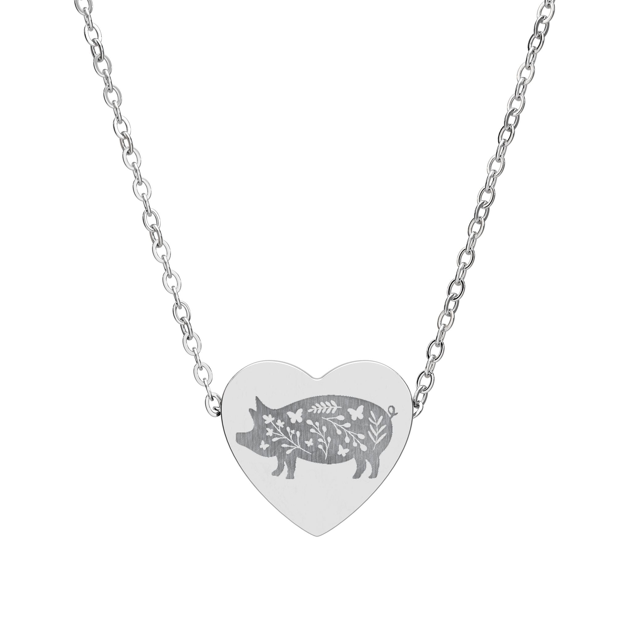 Floral Pig Heart Necklace – Farm Pig Jewelry, Pig Lover Gift, Homestead Necklace, Mini Pig Pendant, Farm Animal Jewelry, Stainless Steel Engraved Heart Necklace