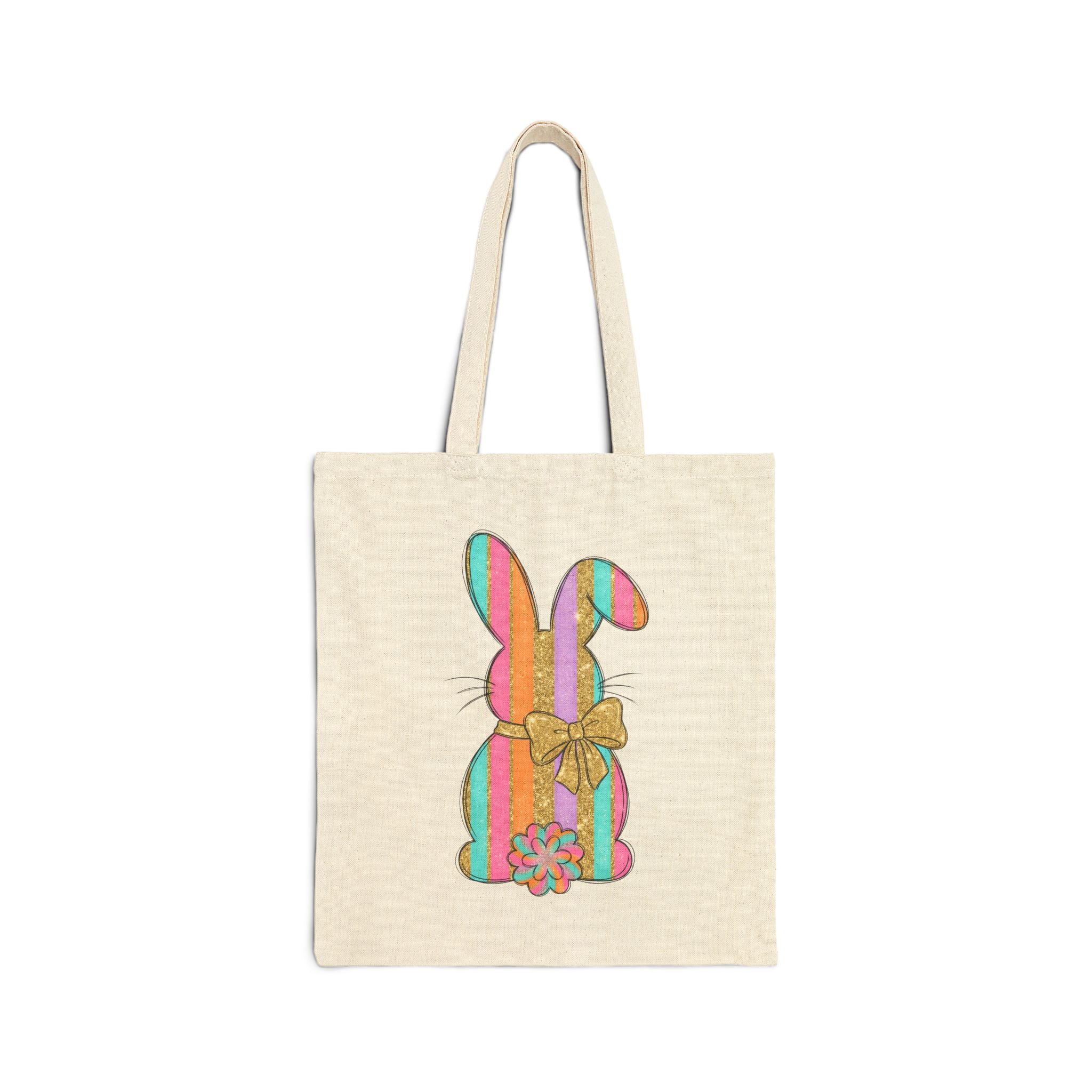 Easter Bunny Tote Bag – Pastel Striped Bunny Canvas Bag, Spring Farm Rabbit Market Tote, Cottagecore Reusable Shopping Bag, Farmhouse Easter Gift Tote