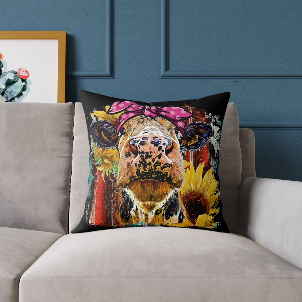 Funny Cow Throw Pillow | Farmhouse Cow Accent Pillow | Sunflower Highland Cow Decor Cushion | Rustic Country Home Decor | Gumpert Homestead
