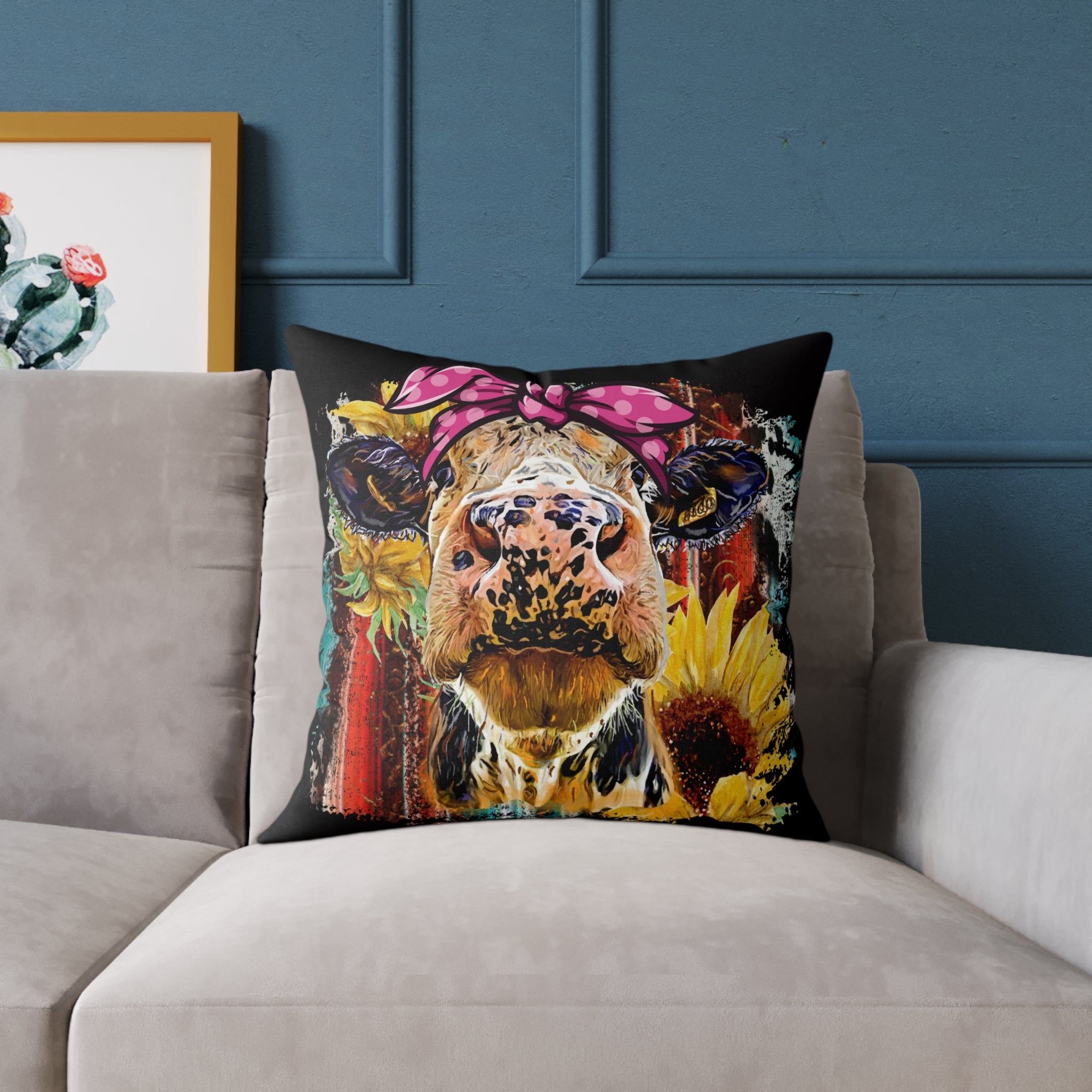 Funny Cow Throw Pillow | Farmhouse Cow Accent Pillow | Sunflower Highland Cow Decor Cushion | Rustic Country Home Decor | Gumpert Homestead