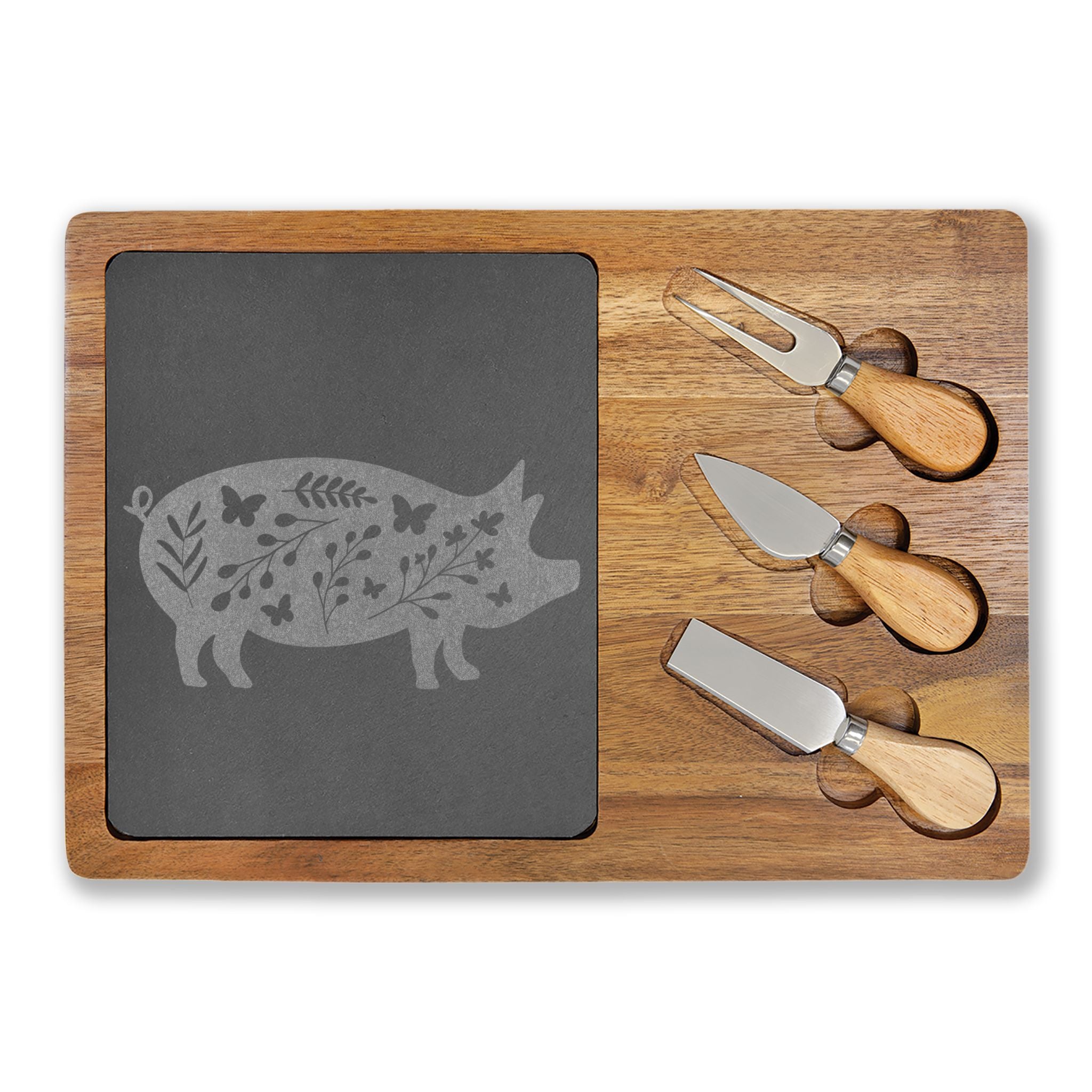 Floral Pig Engraved Charcuterie Board Set | Farmhouse Slate Cheese Board with Knives | Rustic Farm Kitchen Serving Board | Homestead Pig Lover Gift