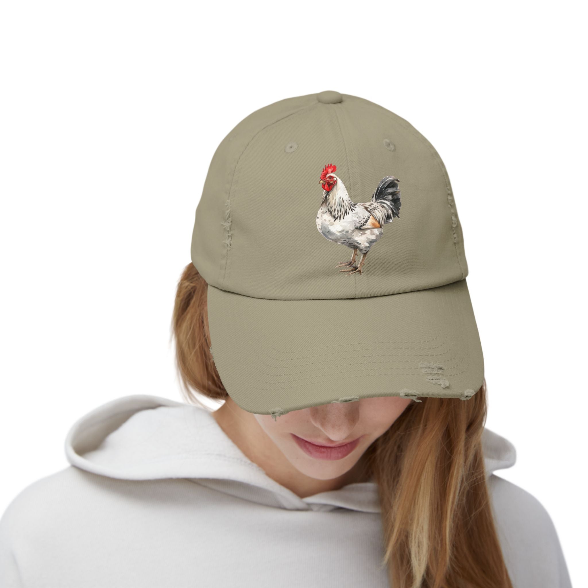 Speckled White Rooster Distressed Baseball Cap – Light Sussex Style Chicken Hat, Vintage Farm Rooster Cap, Backyard Chicken Keeper Gift
