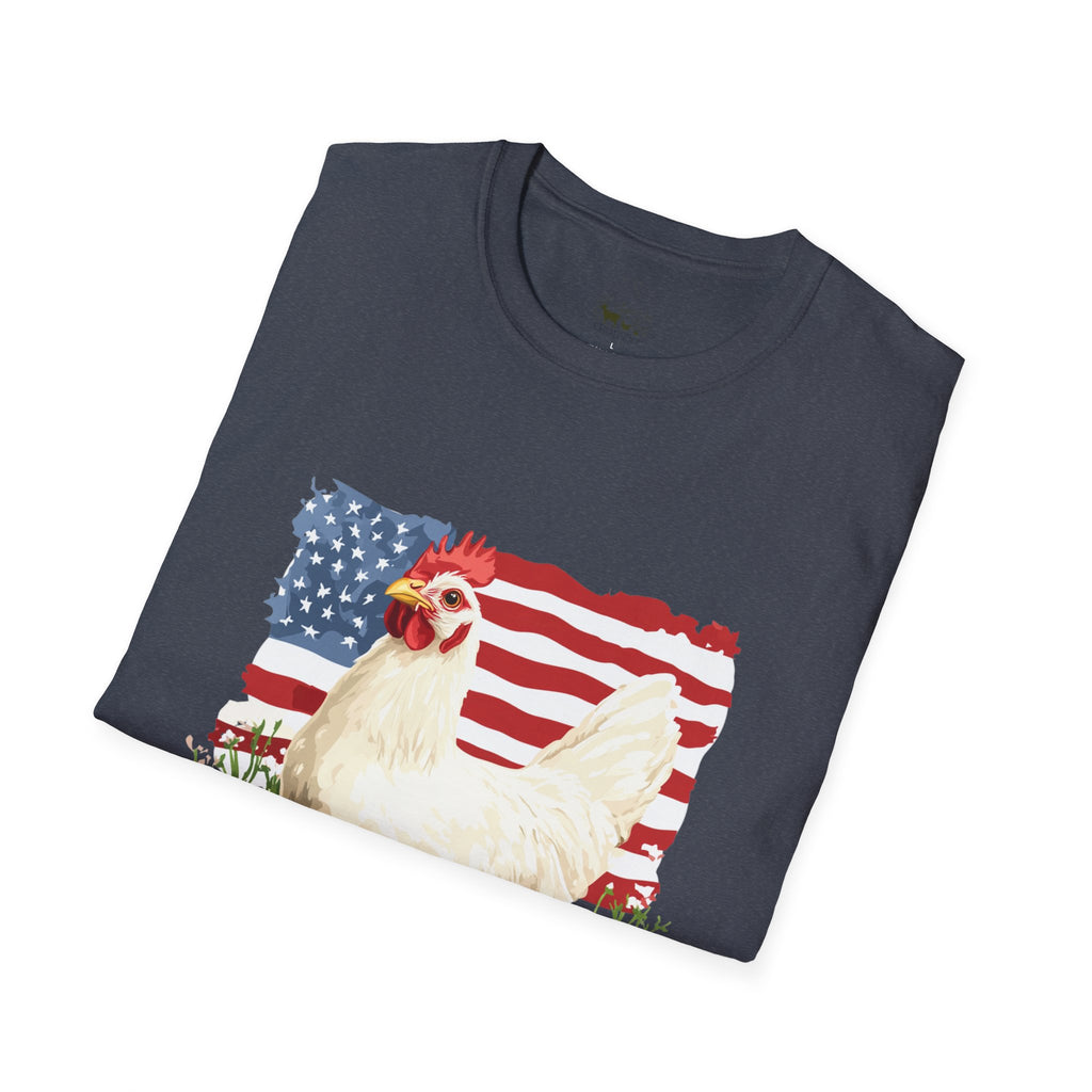 Patriotic Chicken T-Shirt – American Flag Hen Shirt, Farm Life Tee, 4th of July Chicken Shirt, Backyard Chicken Keeper Gift, Homestead Farm Apparel