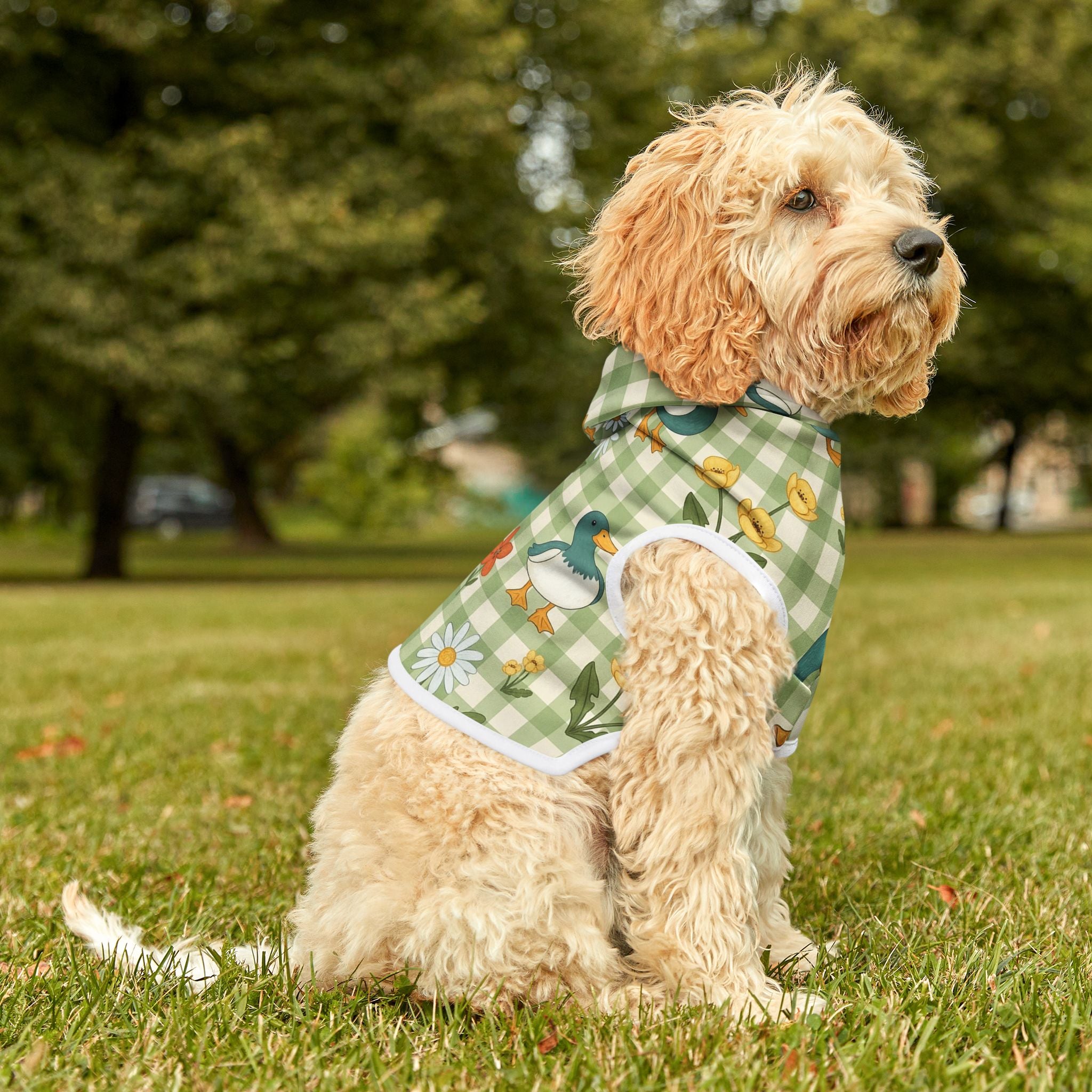 Farmhouse Duck Gingham Pet Hoodie | Cottagecore Goose Dog Hoodie | Country Farm Pet Sweater | Cozy Farm Animal Pet Apparel | Rustic Homestead Dog Hoodie | Small Dog Farm Outfit