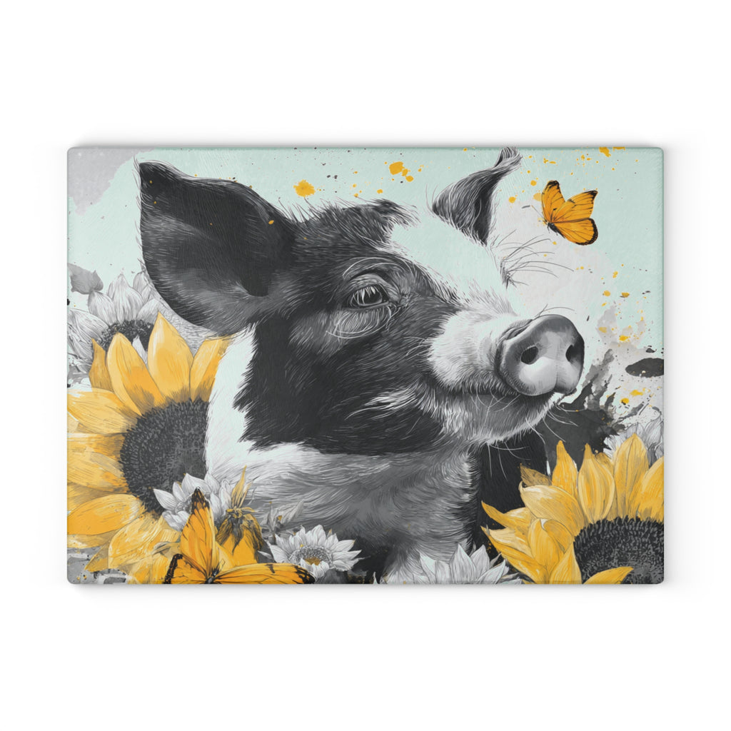 Sunflower Pig Glass Cutting Board – Rustic Farm Pig Kitchen Decor, Floral Farmhouse Cutting Board, Country Homestead Kitchen Gift