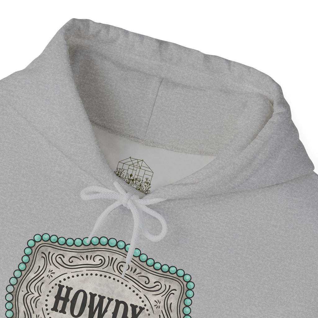 Howdy Turquoise Beaded Rodeo Belt Buckle Hoodie – Unisex Farmhouse Western Sweatshirt | Country Homestead Apparel