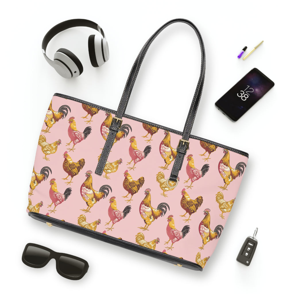 Pink & Gold Chicken Print PU Leather Shoulder Bag – Farmhouse Chicken Tote, Cute Hen Pattern Purse, Farm Life Handbag, Backyard Chicken Lover Bag