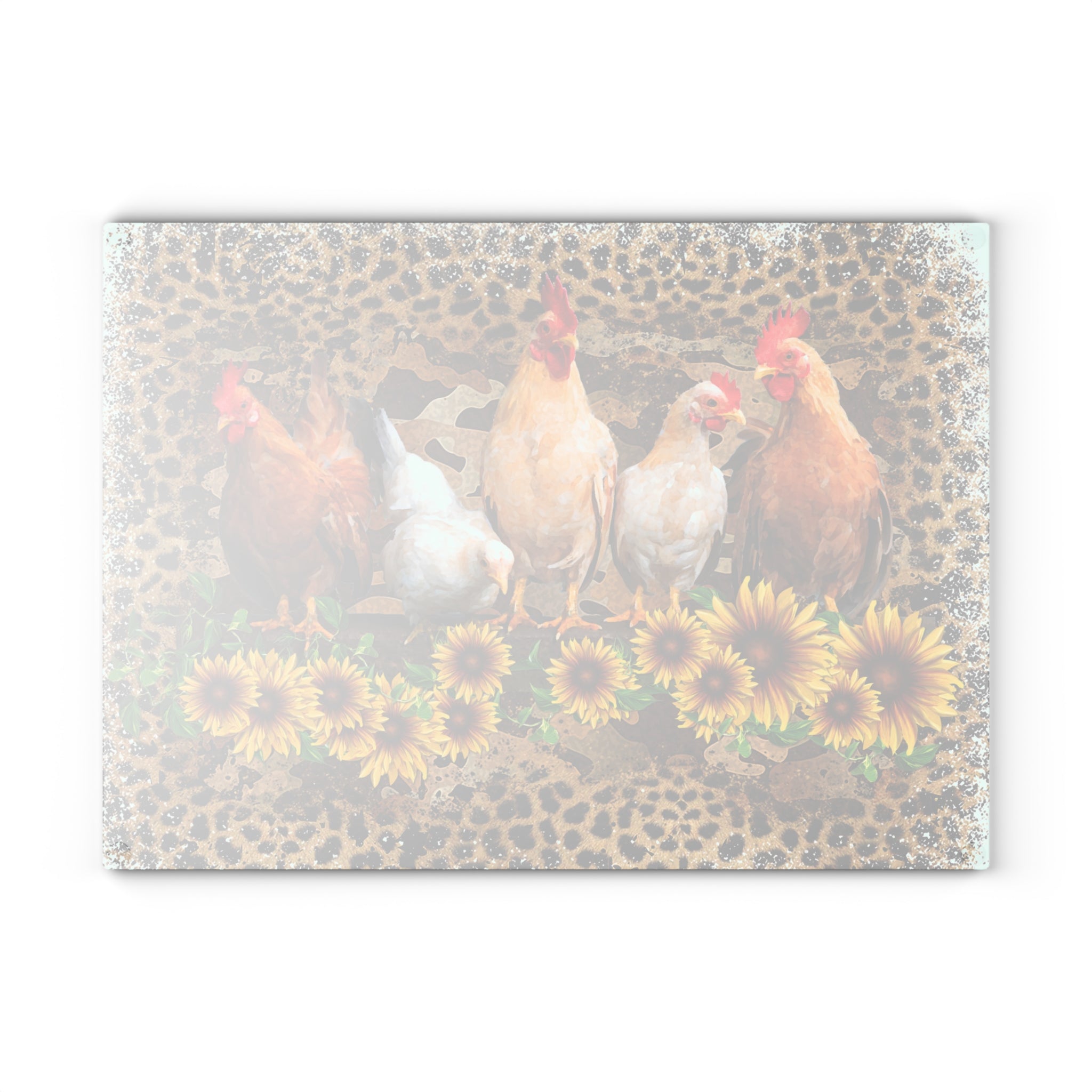 Chicken Flock Glass Cutting Board – Farmhouse Sunflower Chicken Kitchen Decor, Leopard Print Farm Cutting Board, Rustic Country Homestead Kitchen Gift