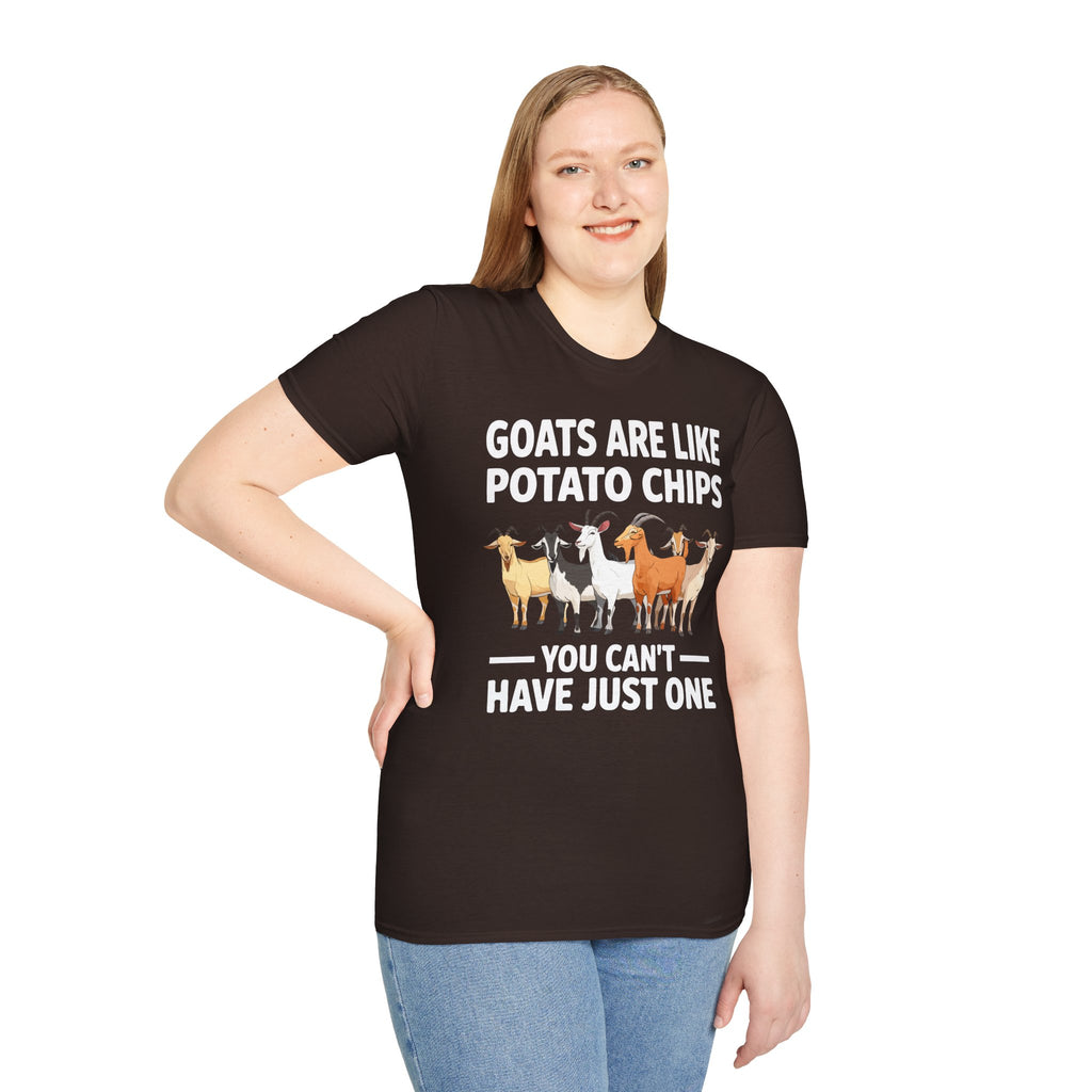 “Goats Are Like Potato Chips – You Can’t Have Just One” Funny Goat Lover Unisex T-Shirt | Farm Life Goat Tee