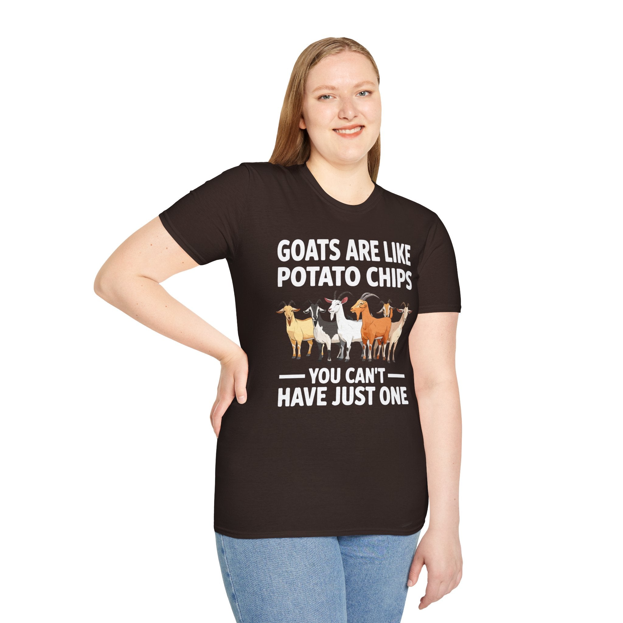 “Goats Are Like Potato Chips – You Can’t Have Just One” Funny Goat Lover Unisex T-Shirt | Farm Life Goat Tee
