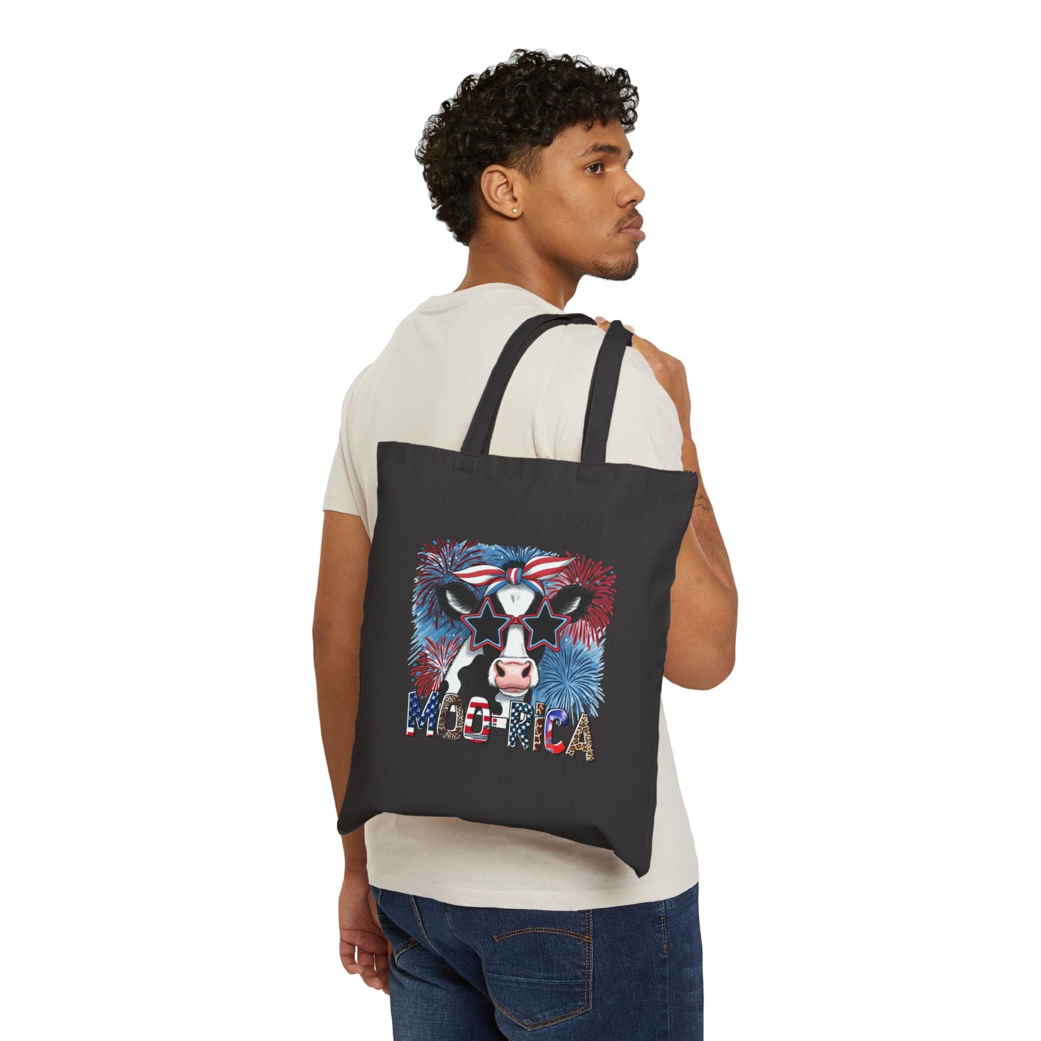 Patriotic Highland Cow Tote Bag – America Farm Cow Canvas Bag, Fourth of July Farm Tote, Country Western Market Bag, Reusable Homestead Shopping Tote, Cow Lover Gift