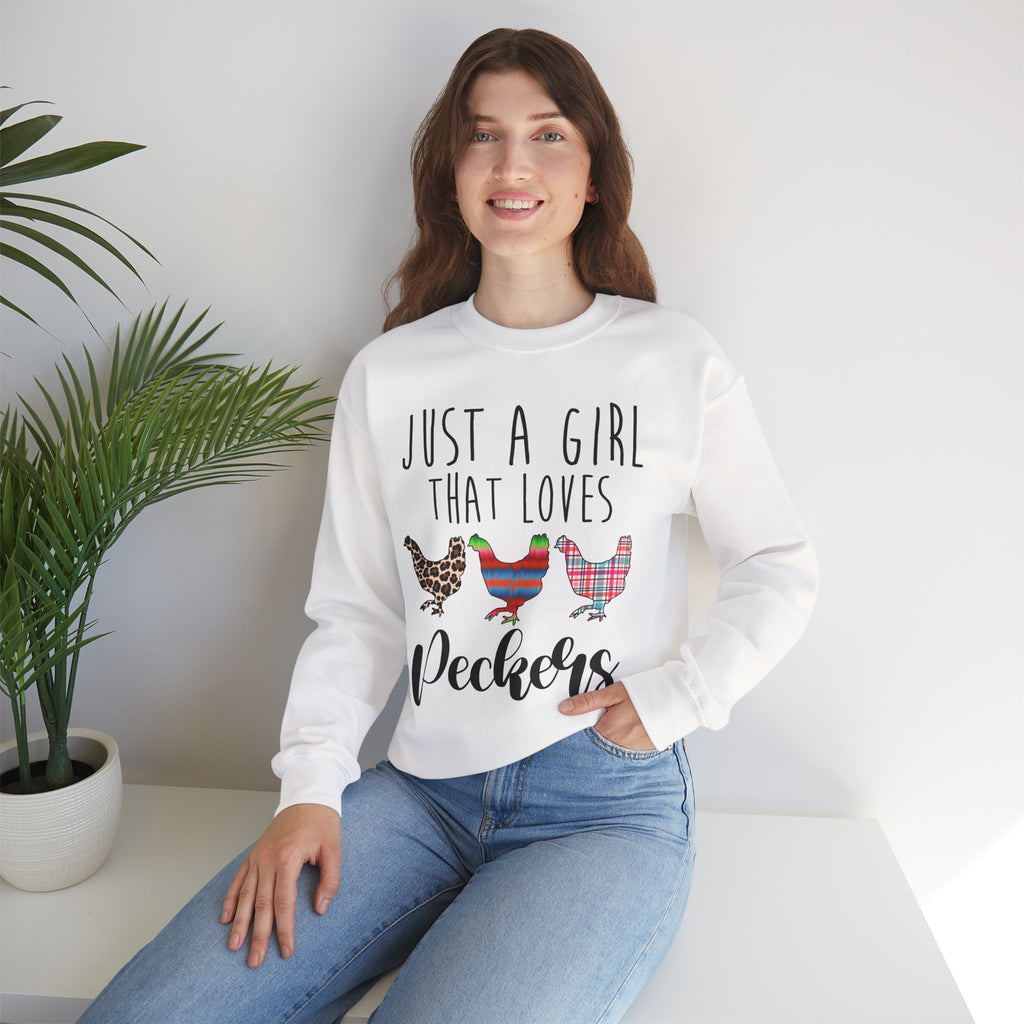 Just a Girl That Loves Peckers Sweatshirt – Funny Chicken Crewneck, Farmhouse Homestead Chicken Mom Pullover