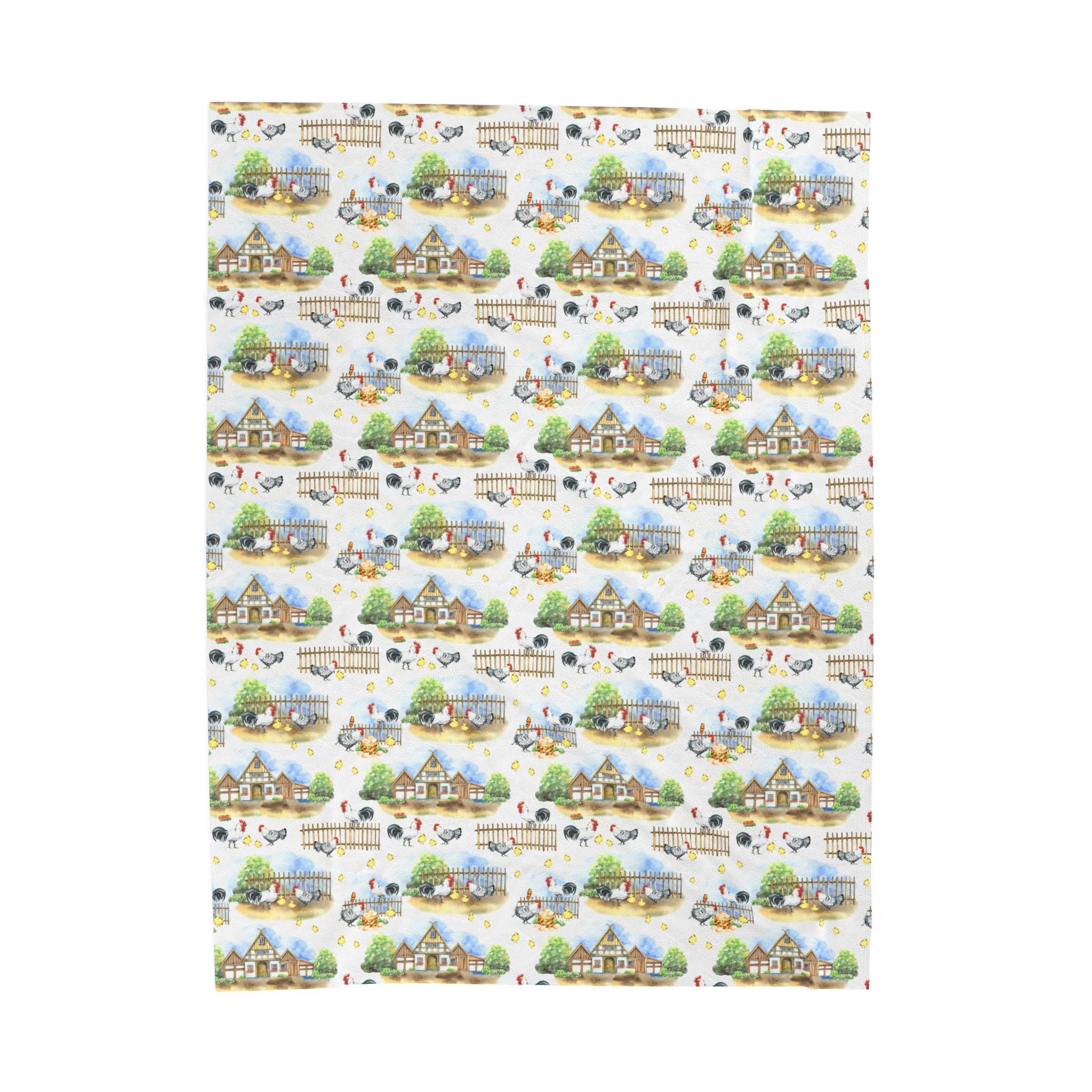Farm Scene Velveteen Plush Blanket – Cozy Cottagecore Village Throw, Country Homestead Farmhouse Home Decor