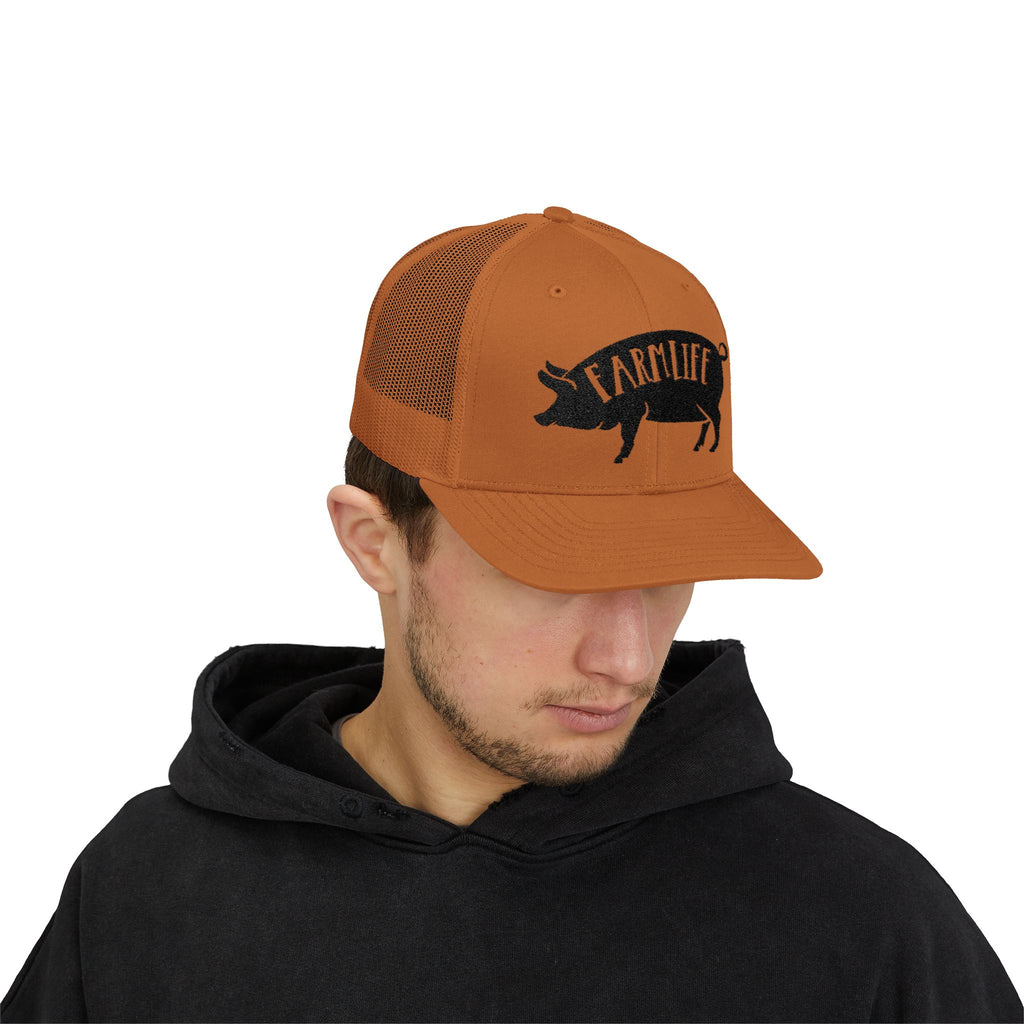 Farm Life Pig Snapback Trucker Hat – Rustic Farm Trucker Cap, Homestead Hat, Pig Lover Farm Cap, Country Lifestyle Mesh Hat
