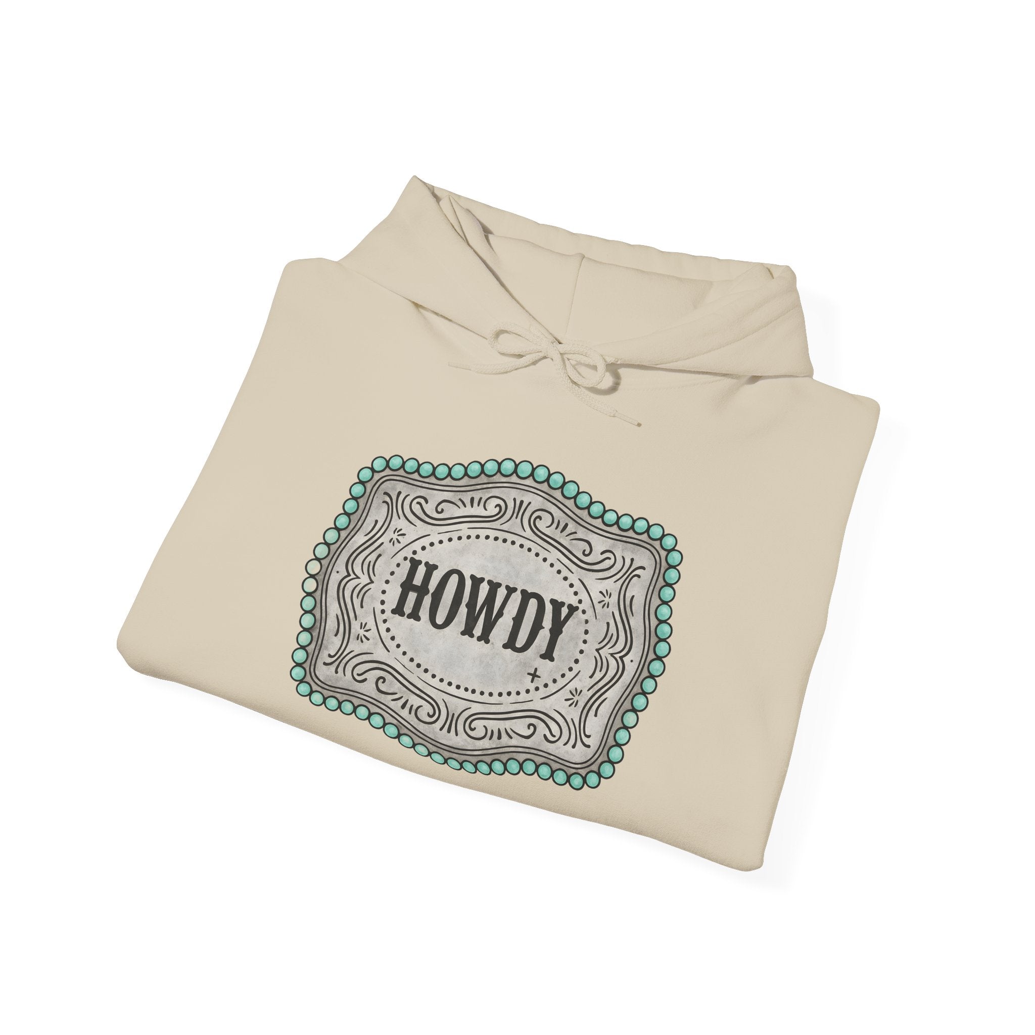 Howdy Turquoise Beaded Rodeo Belt Buckle Hoodie – Unisex Farmhouse Western Sweatshirt | Country Homestead Apparel