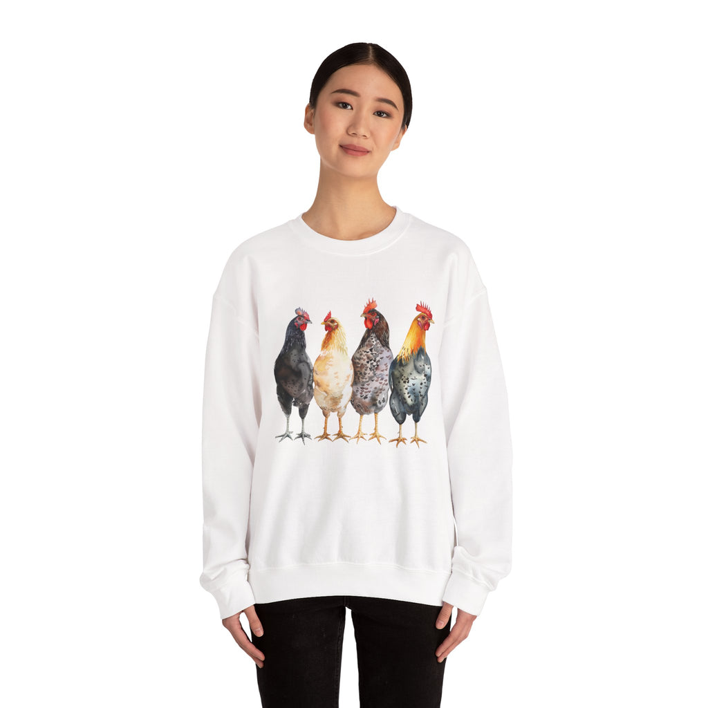 Chicken Flock Sweatshirt – Farmhouse Hen Lineup Crewneck, Cozy Homestead Chicken Mom Pullover, Unisex Gildan 18000