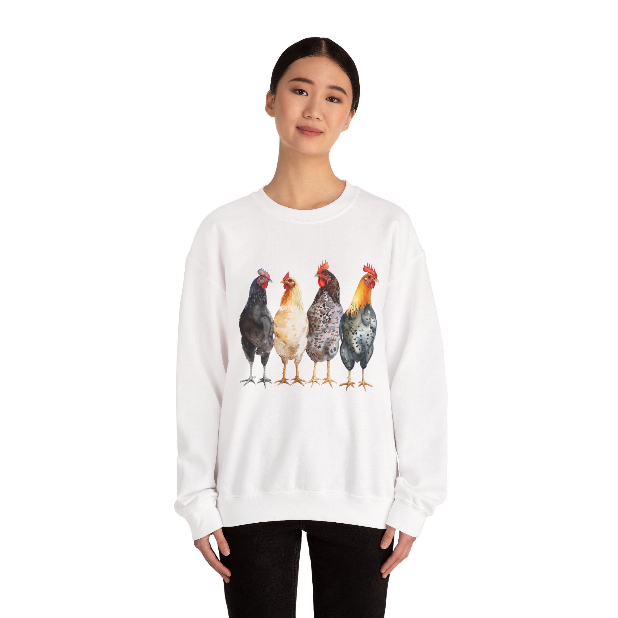 Chicken Flock Sweatshirt – Farmhouse Hen Lineup Crewneck, Cozy Homestead Chicken Mom Pullover, Unisex Gildan 18000