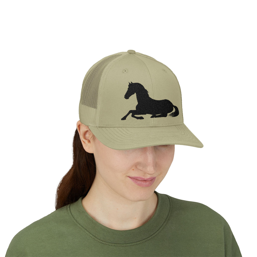 Resting Horse Trucker Hat | Laying Horse Silhouette Mesh Snapback Cap | Western Ranch Horse Lover Hat | Rustic Farm Life Cowboy Cowgirl Cap